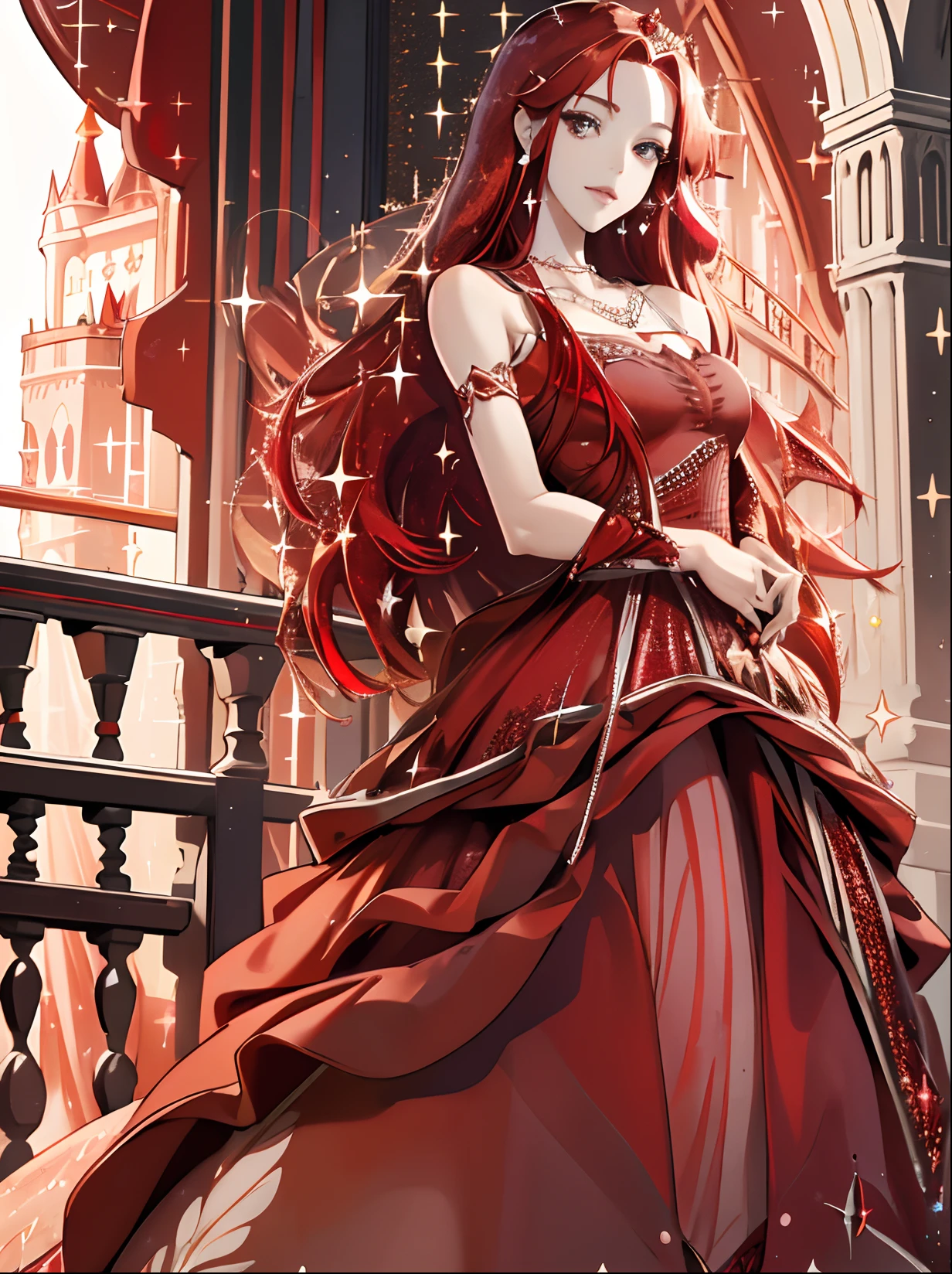 4K Alta HD, masutepiece, 1 girl, Good face, Very long hair, Hair Ornament,Red hair color, Light makeup, Detailed eyes, smallsize round breast, Ultra-detailed clothing, (Red Princess Dresses:1.5), Lace:1.5, (Sparkling dresses:1.8), Strap Dresses, Necklace, jewely, Amazing balcony background,