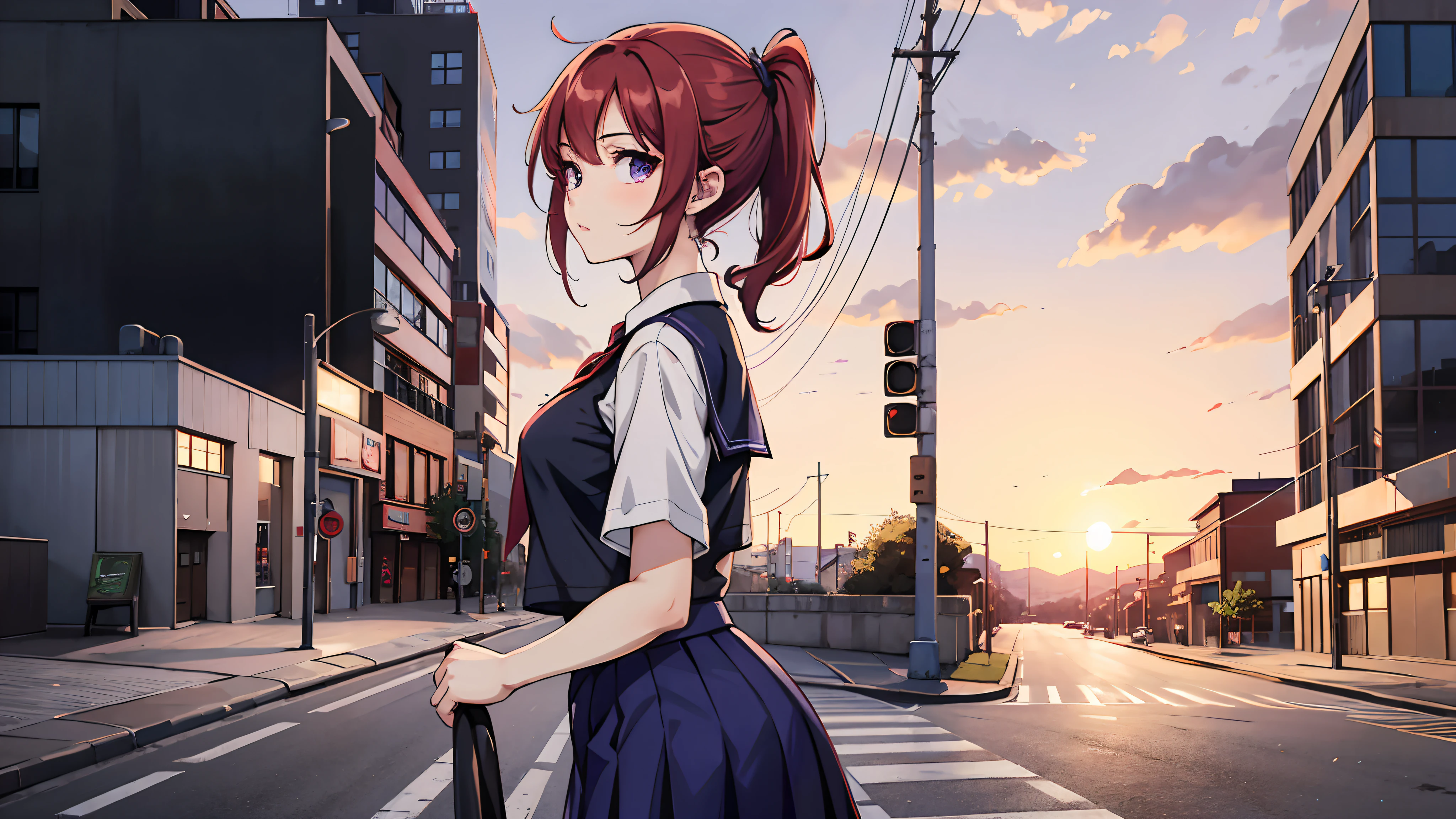 1girl, short flame red hair, ponytail, purple eyes, blue school uniform, black skirt, night, street, looking at viewer