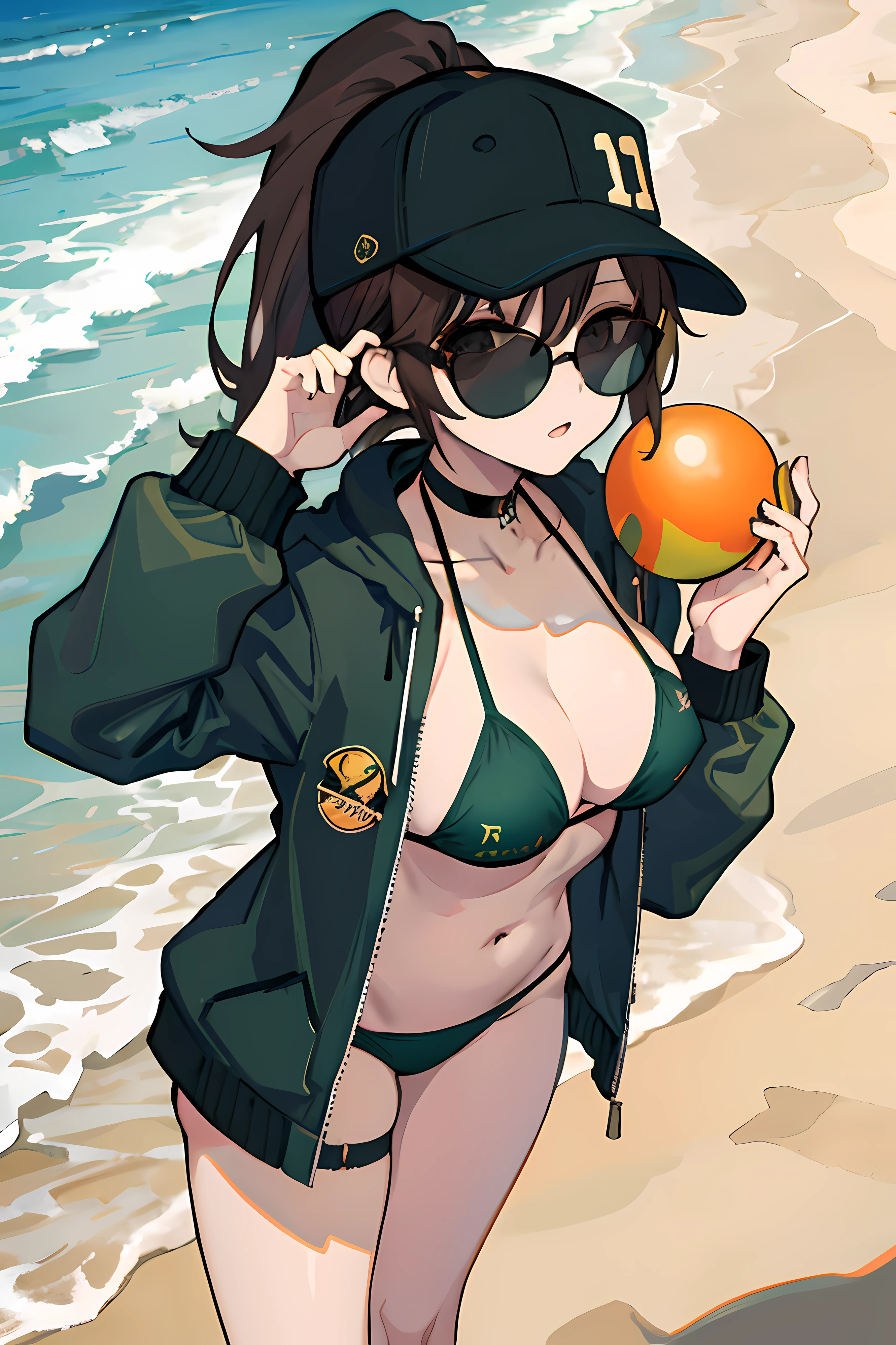 anime girl, brown hair, ponytail , dark green bikini, choker, beach, large breasts, hat, jacket, beach, sunglasses, shades, holding a ball, standing over camera