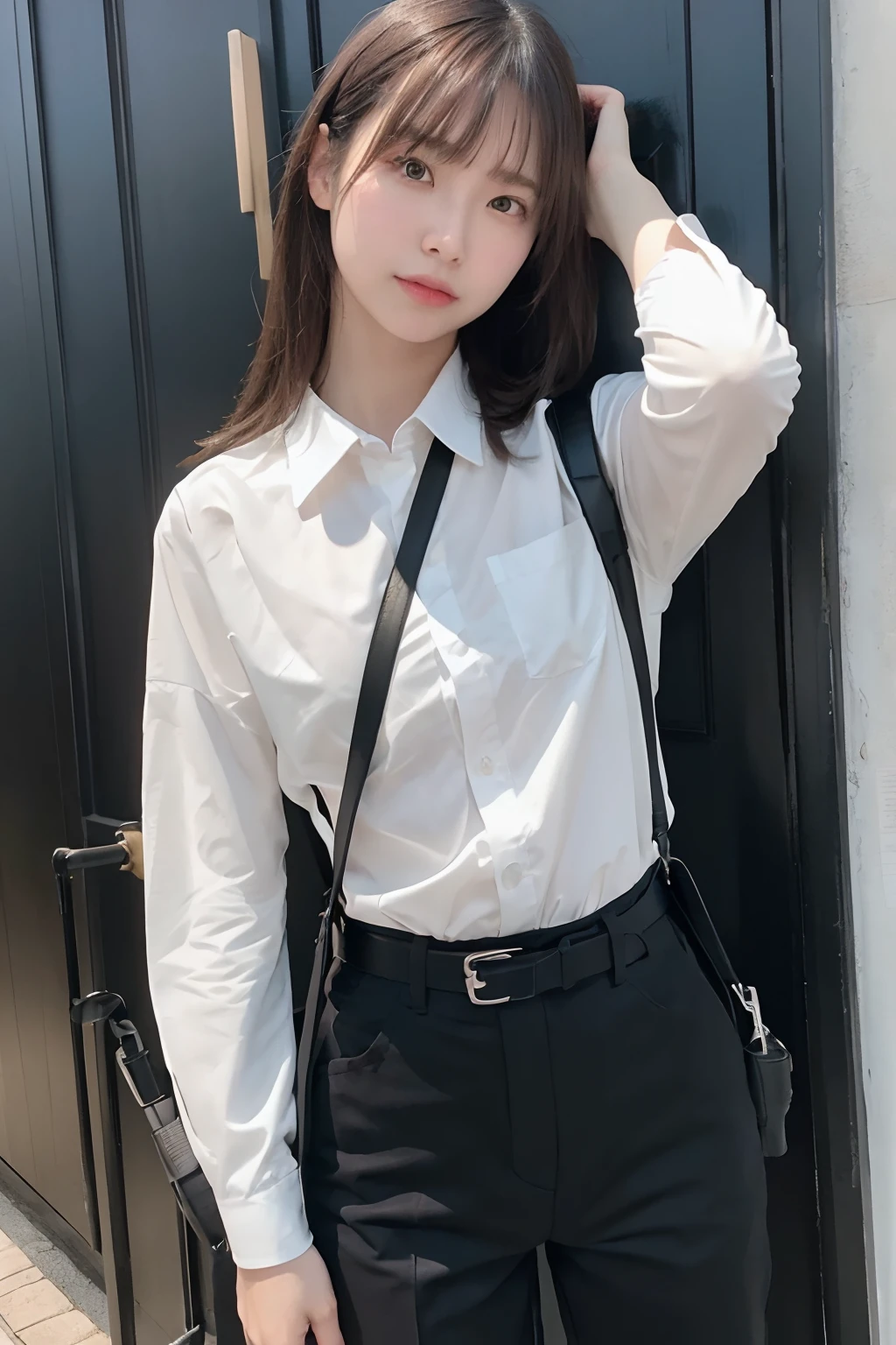 (best quality, flat color:1.1, shallow depth of field, lens flare:1.1), 1 girl, brown hair, intense gaze, belt, black suspender, large chest, underarm sweat, sweat, sides of both hands, wall: black pants, black jacket, holster, armed, leg holster, weapon, over-the-shoulder perspective, small face
