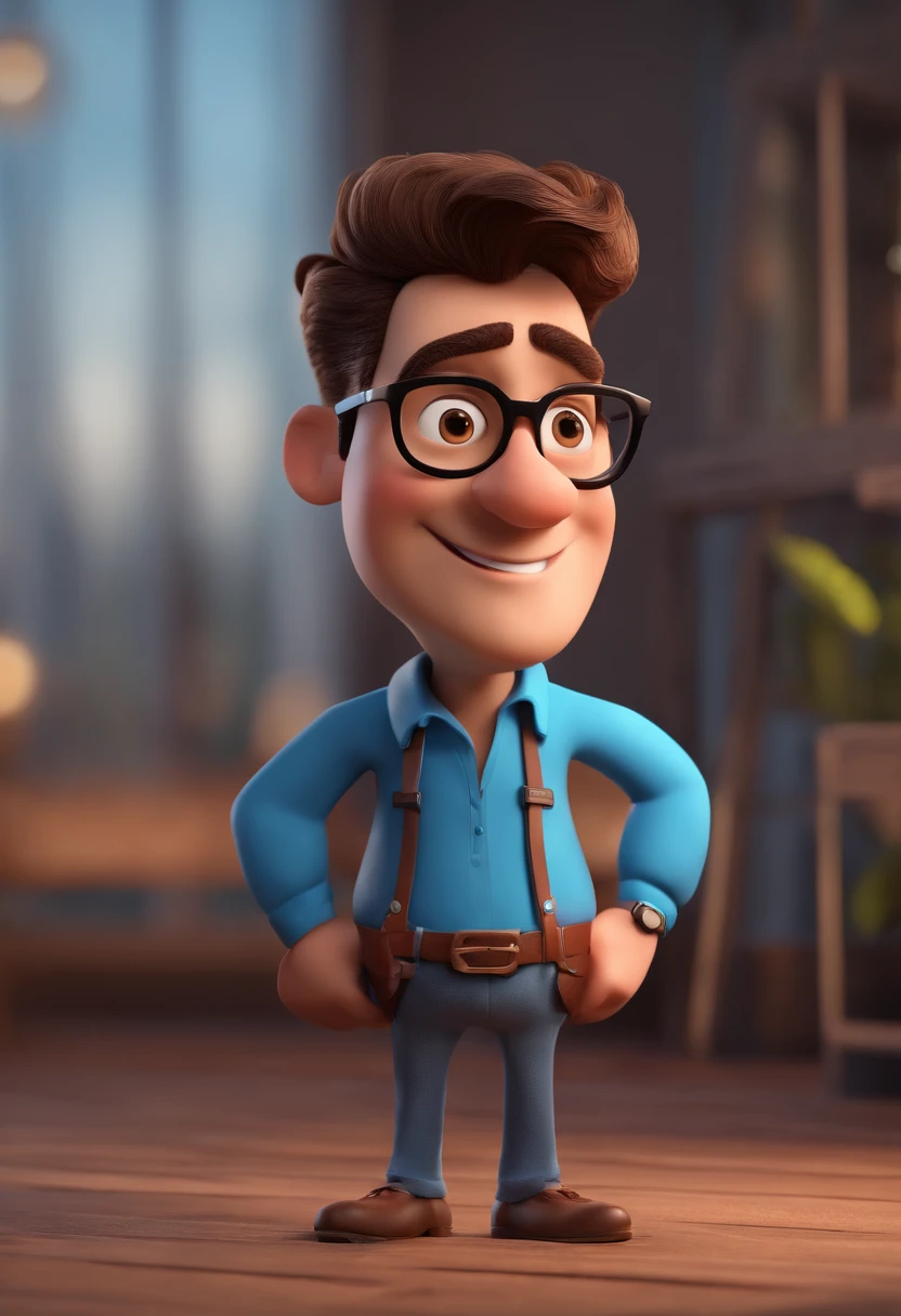 Cartoon character of a man with black glasses and a blue shirt, animation character, Caractere estilizado, animation style rendering, 3D estilizado, Arnold Maya render, 3 d render stylized, toon render keyshot, Personagem 3D, Personagem 3D, 3d rendering stylized, 3 d character render, personagem de desenho animado, Personagem de close up, Pose de personagem,  (Estilo Pixar) (master part:1.2) (Bokeh) (best quality) (pele detalhada) (textura detalhada) (8k) (argila) (Cinematic lighting) (foco nítido