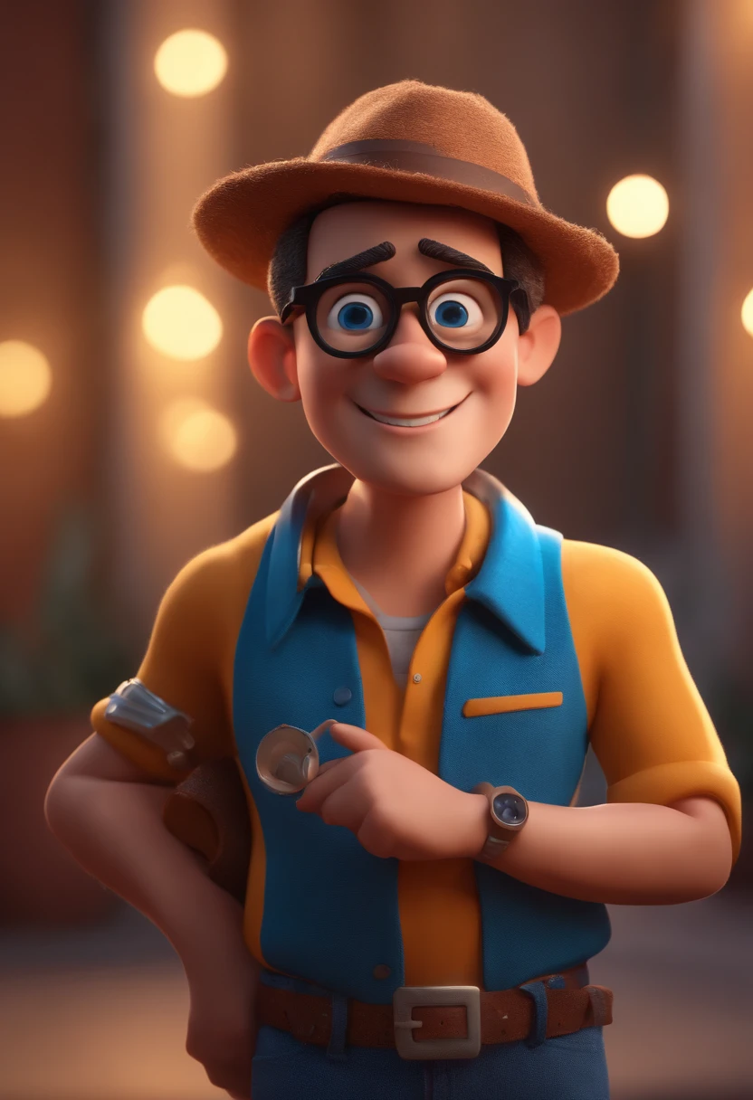 Cartoon character of a man with black glasses and a blue shirt, animation character, Caractere estilizado, animation style rendering, 3D estilizado, Arnold Maya render, 3 d render stylized, toon render keyshot, Personagem 3D, Personagem 3D, 3d rendering stylized, 3 d character render, personagem de desenho animado, Personagem de close up, Pose de personagem,  (Estilo Pixar) (master part:1.2) (Bokeh) (best quality) (pele detalhada) (textura detalhada) (8k) (argila) (Cinematic lighting) (foco nítido