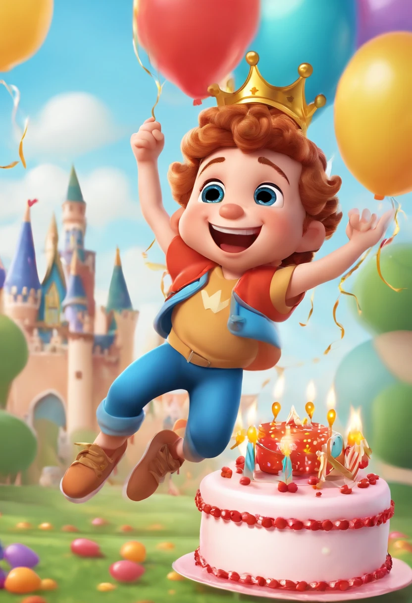 Close-up of a cartoon boy，There were balloons and cake, balloon, baloons, , Prince Boy, official render, with a crown on her head，Balloon in hand, diseny animation style, Official artwork, offcial art, an animated character, background-image, Cupcakes, happy birthay, birthday, advertisement picture, entire body image, 2 d cg, leaked image, party balloons