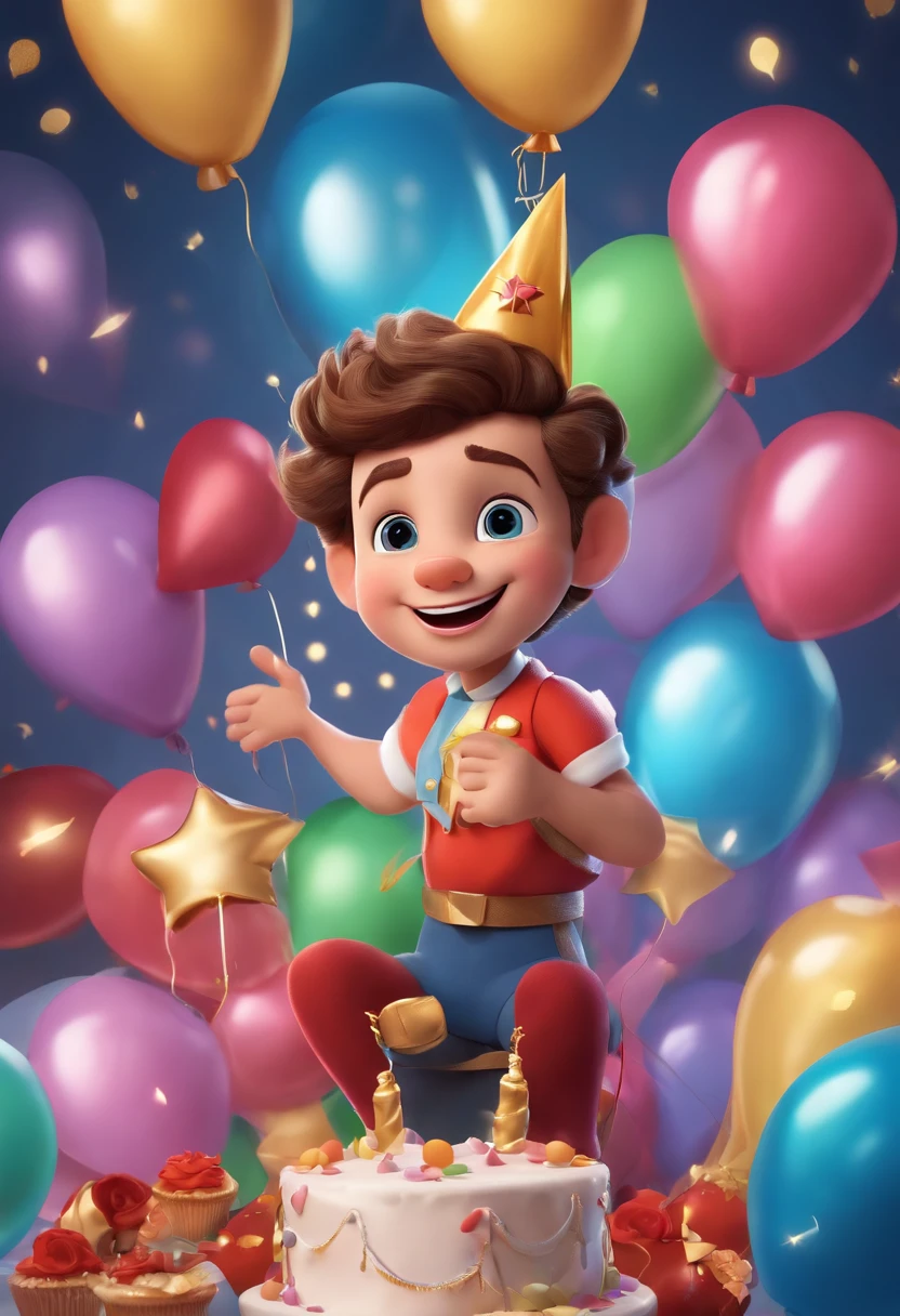 Close-up of a cartoon boy,There were balloons and cake, balloon, baloons, , Prince Boy, official render, with a crown on her head,Balloon in hand, diseny animation style, Official artwork, offcial art, an animated character, background-image, Cupcakes, happy birthay, birthday, advertisement picture, entire body image, 2 d cg, leaked image, party balloons