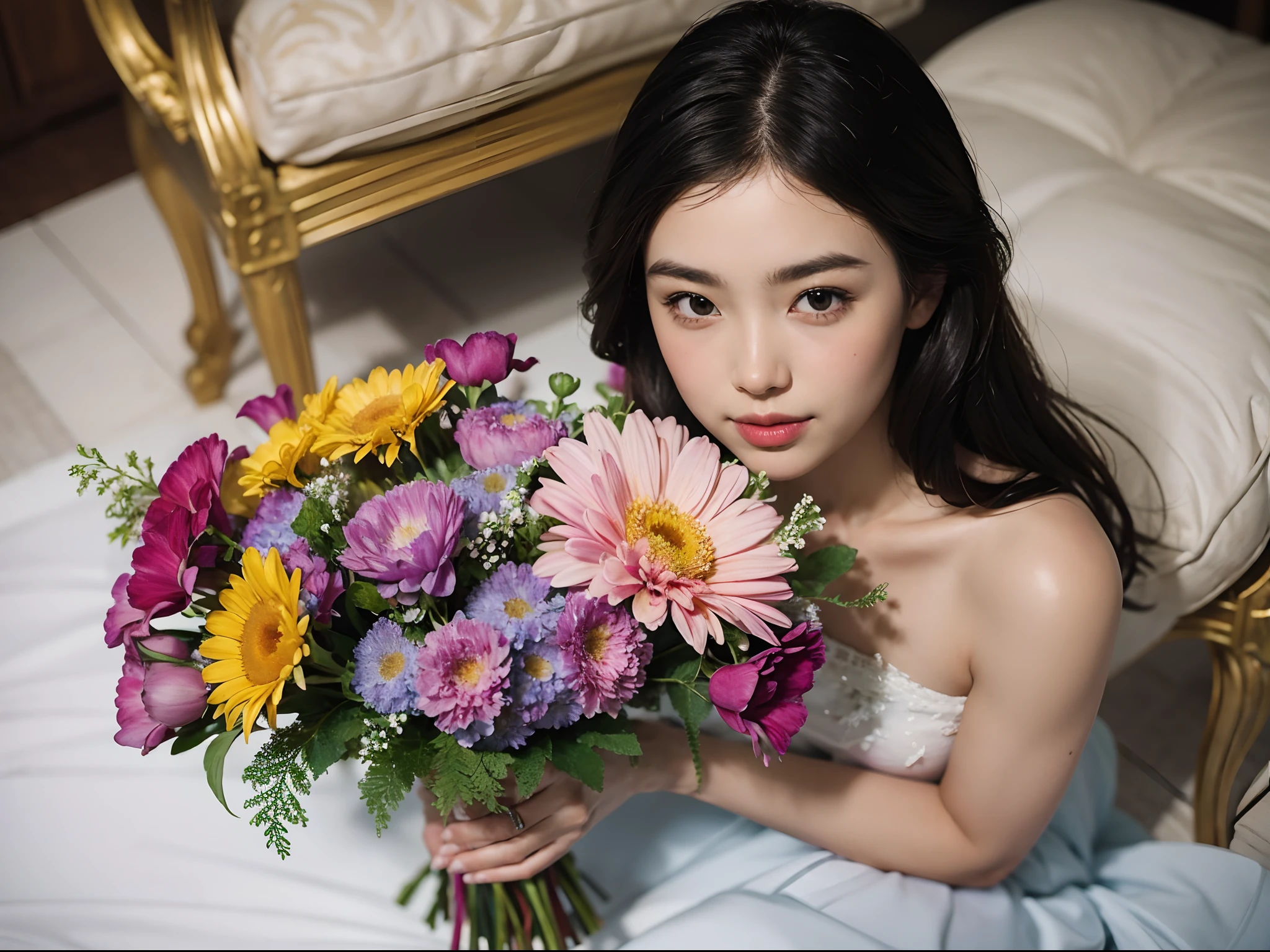 "Create a beautifully detailed and vibrant portrait of a bouquet of freshly picked flowers. The flowers should be arranged in an elegant vase, with soft, natural lighting casting a warm glow on the petals. The image should convey a sense of serenity and the fragrant beauty of the blooming flowers."