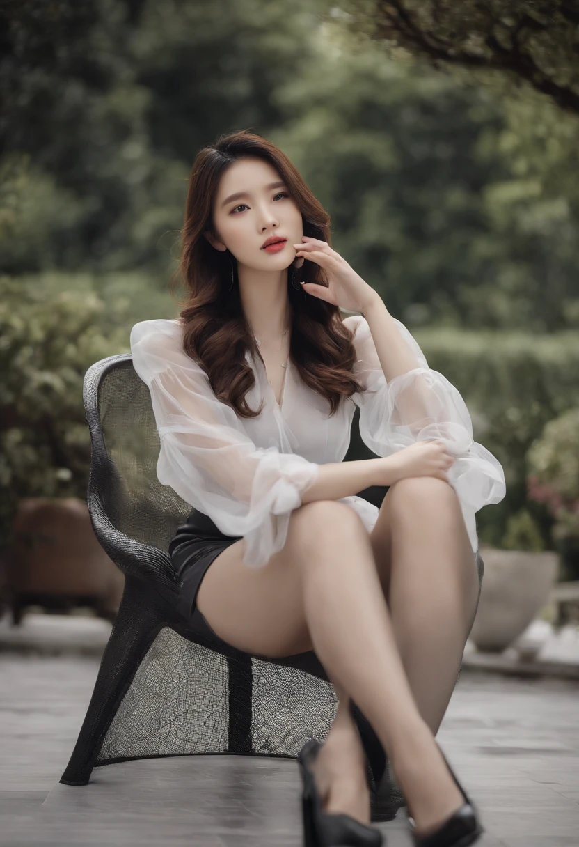 Sitting in a chair in a black dress，Korean female fashion model，transparent gray skirts，mesh shirt，Chrome clothes，Shiny silver，Fortunately for my appearance，Bigchest，Lingerie transparent,white skinned,black garter stockings,Overweight,thighs thighs thighs thighs,big assa,best qualtiy， tmasterpiece， 超高分辨率， realisticlying，White pedicure