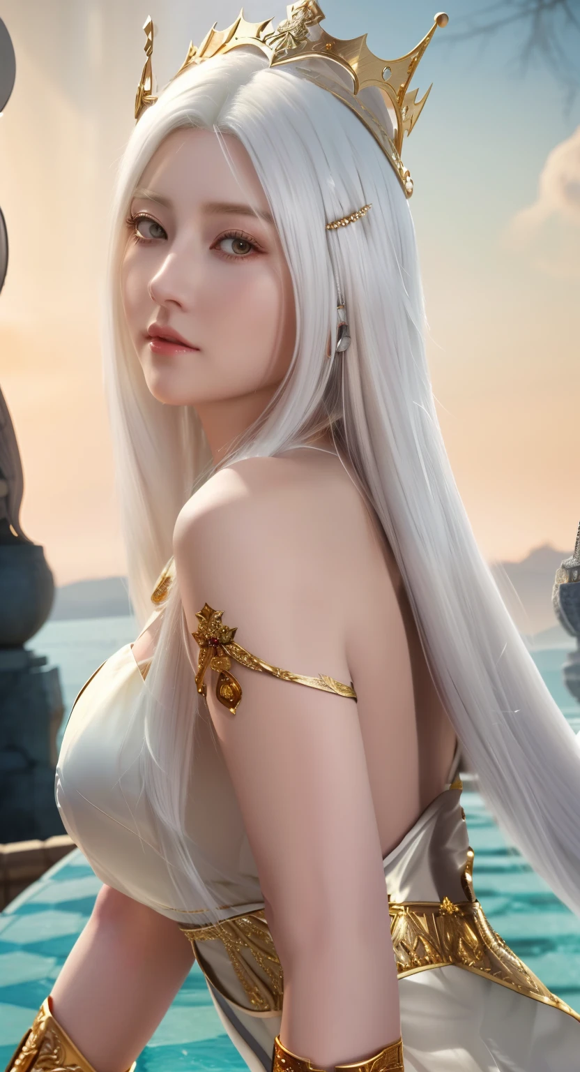 a close up of a woman with long white hair wearing a gold dress, anime goddess, detailed white long hair, white haired deity, tifa lockhart with white hair, with long white hair, beautiful and elegant elf queen, portrait knights of zodiac girl, perfect white haired girl, beautiful alluring anime woman, very beautiful elven top model, ((a beautiful fantasy empress))