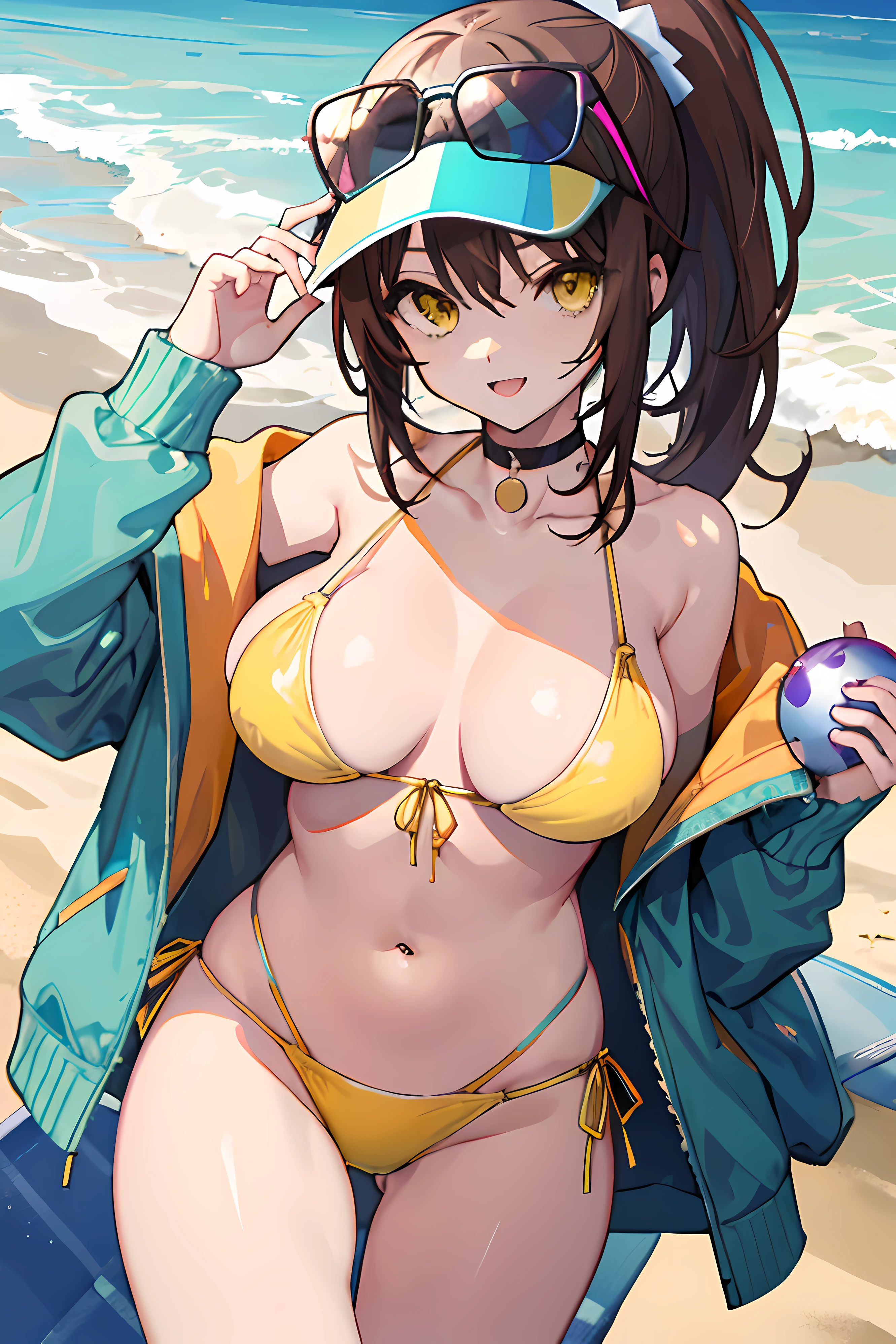 anime girl, brown hair, ponytail , yellow eyes, green bikini, choker, beach, large breasts, hat, jacket, beach, sunglasses, shades, holding a ball