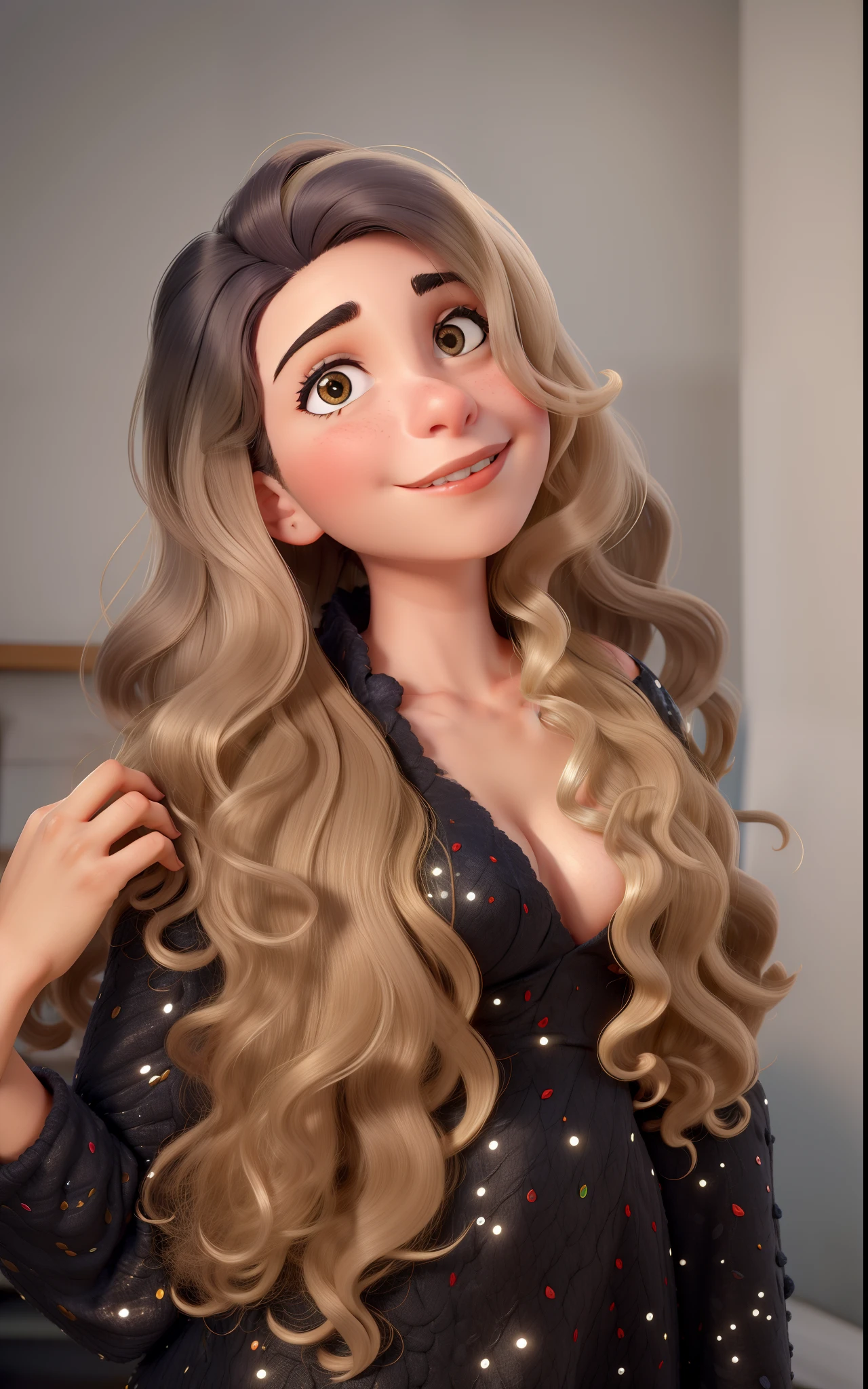 Uma mulher com cabelo loiro, ondulado, com 24 anos de idade uma faixa de miss