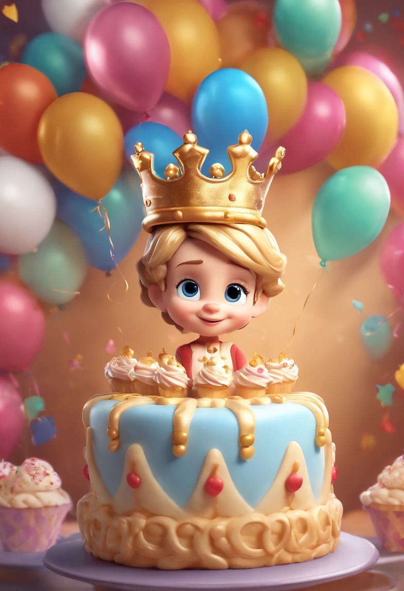 Close-up of a cartoon boy,There were balloons and cake, balloon, baloons, , Prince Boy, official render, with a crown on her head,Balloon in hand, diseny animation style, Official artwork, offcial art, an animated character, background-image, Cupcakes, happy birthay, birthday, advertisement picture, entire body image, 2 d cg, leaked image, party balloons