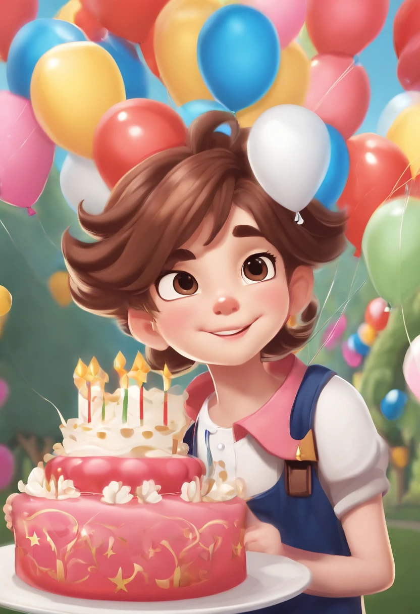 Close-up of a cartoon boy,There were balloons and cake, balloon, baloons, , Prince Boy, official render, with a crown on her head,Balloon in hand, diseny animation style, Official artwork, offcial art, an animated character, background-image, Cupcakes, happy birthay, birthday, advertisement picture, entire body image, 2 d cg, leaked image, party balloons