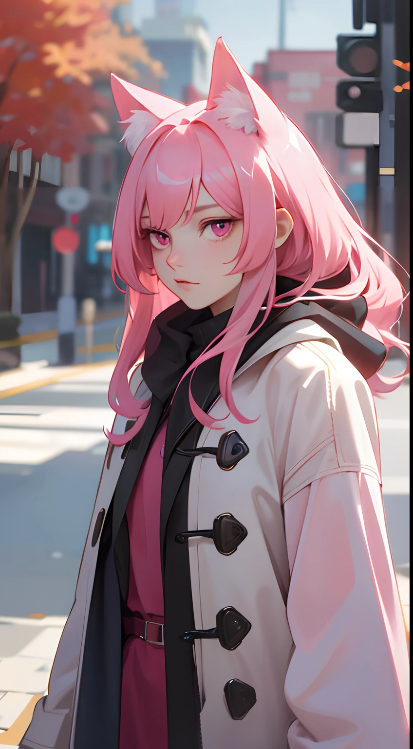 a handsome female，delicate facial features，long pink hair，pink cat ears，pink eyes，overcoat,Autumn in the background,K HD，higly detailed，hiquality，Good atmosphere，Delicatessen，CG рендеринг，Detailed rendering，（Subtle facial image）（Image of fine hair）（topquality）（Masterpieces of masters）（High degree of completeness）（A sense of atmosphere）