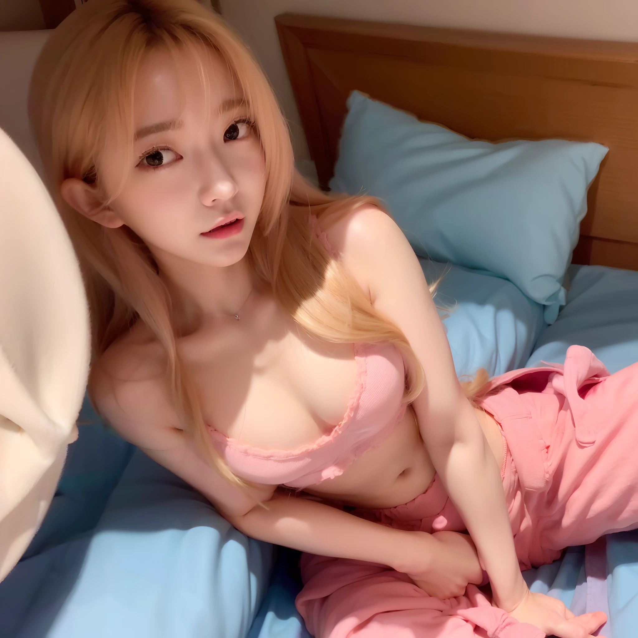 A girl lies in bed,(((Wear only pink underwear and pink underwear))),((( and pants))),(The waist and crotch arch high upwards),No contact with the bed,Support the body with your elbows and feet,Grip the sheets with both hands,His face flushed,Eyes slightly closed,The eyes looked up in confusion,Open your mouth lightly,A wavy golden hair was scattered messily under him,looking from above , 8K, masterpiece, ultrasharp, high res,