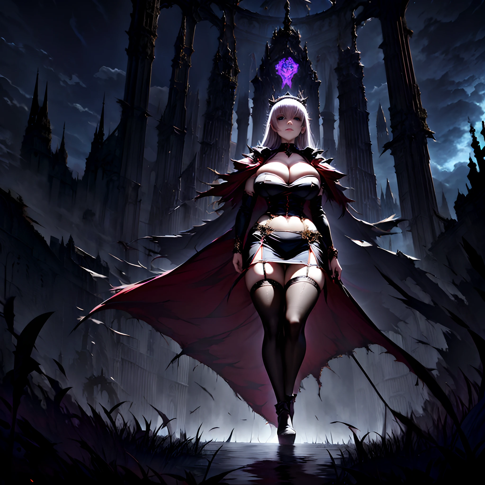 1 girl, solo, Mori_Calliope, intricate gothic dress, gothic queen dress, majestic black dress with frills, breasts-tent, white hair with green fringes, aberrant colours, ((wearing black stockings)), garter belt, very large breasts, black choker, thick thighs, curvy waist, wide hips, very long hair, black crown, sidebangs, hair between eyes, sparkling blue eyes, standing, evil smile, flying_ashes, sexy pose, (dim lighting:1.5), alien-like grass fields in background, 2 moons in the sky