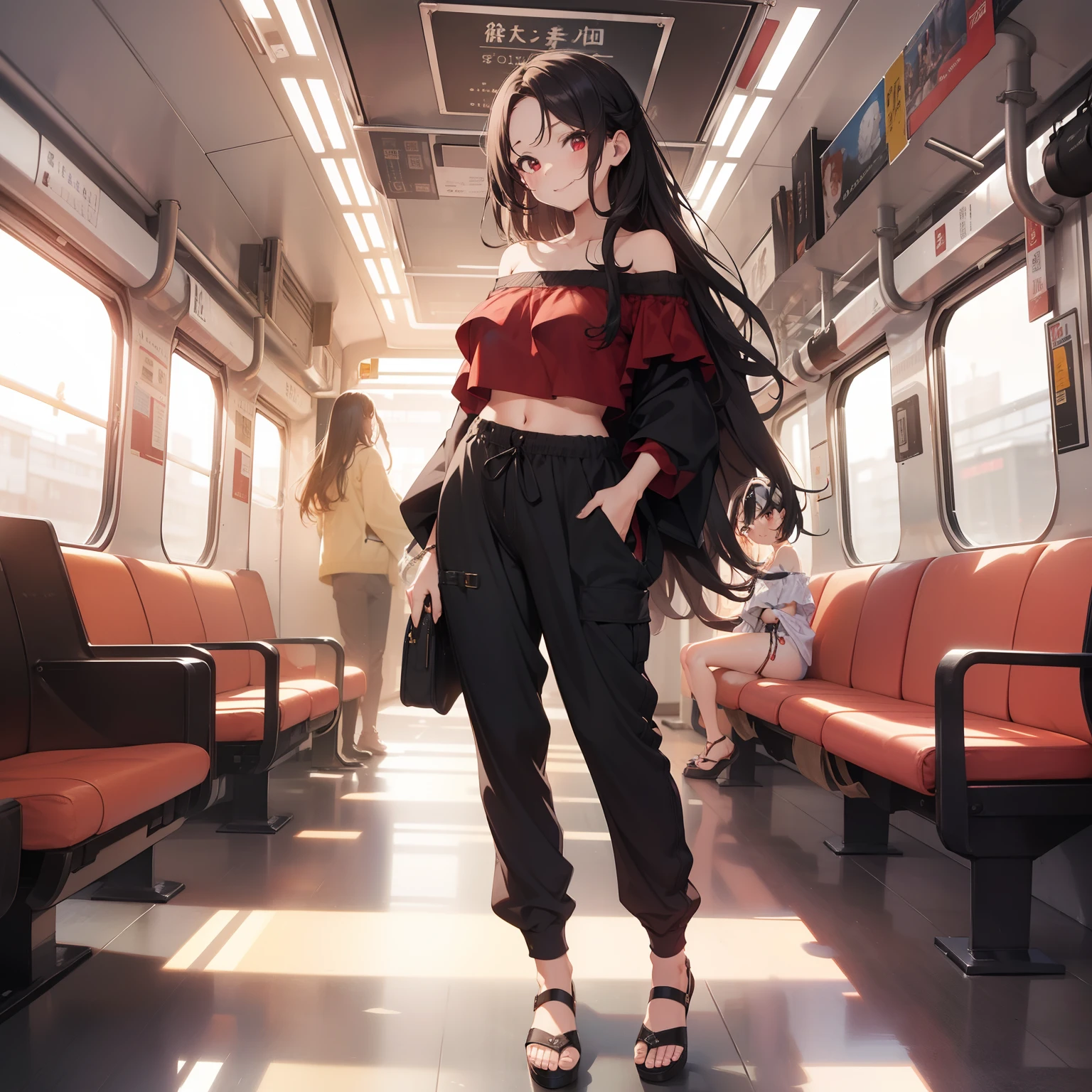 (masutepiece,Best Quality,8K),(extremely detailed CG1.1),1 girl,Smile,large boob,in the train,(From below:1.2),Summer light,Intricate details , Hyper realistic, Perfect Anatomy,A dark-haired,Red Eyes,(((Forehead))),Permed hair with wavy hair,(((length hair))),Hair over one eye,hair slicked back,off-the-shoulder top,(((Standing))),Full body,Black Loose Pants,espadrilles,