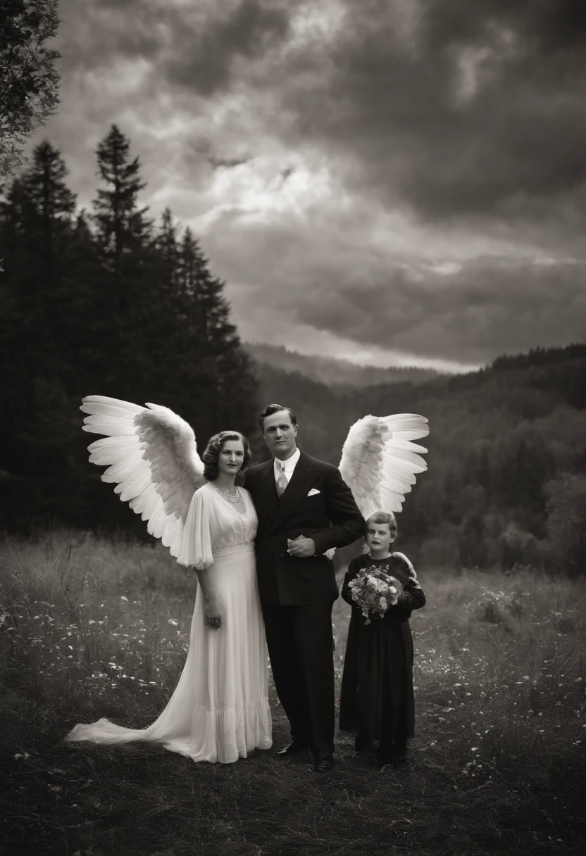 An old black-and-white photograph from the 1930s,The family stands together, (Angel wings in the sky)