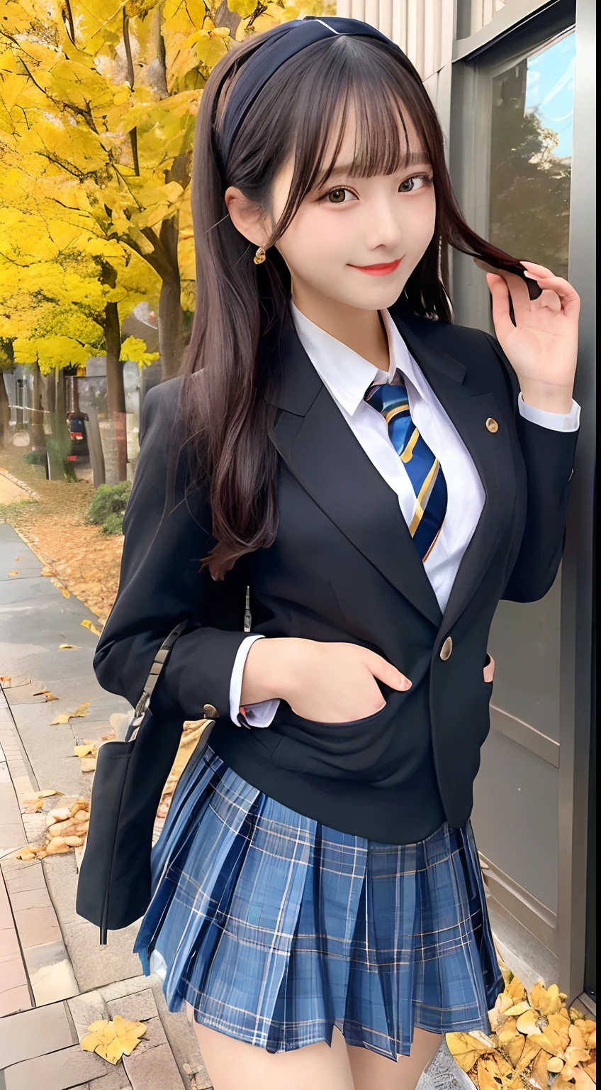 (masterpiece, best quality, ultra high res, 8k, perfect anatomy, extremely detailed),
BREAK
(1girl, cute girl, shiny body, shiny skin, middle breasts), (black hair, long hair, hairband, black eyes),
BREAK
(school uniform, jacket), walking, cowboy shot, smile, autumn leaves