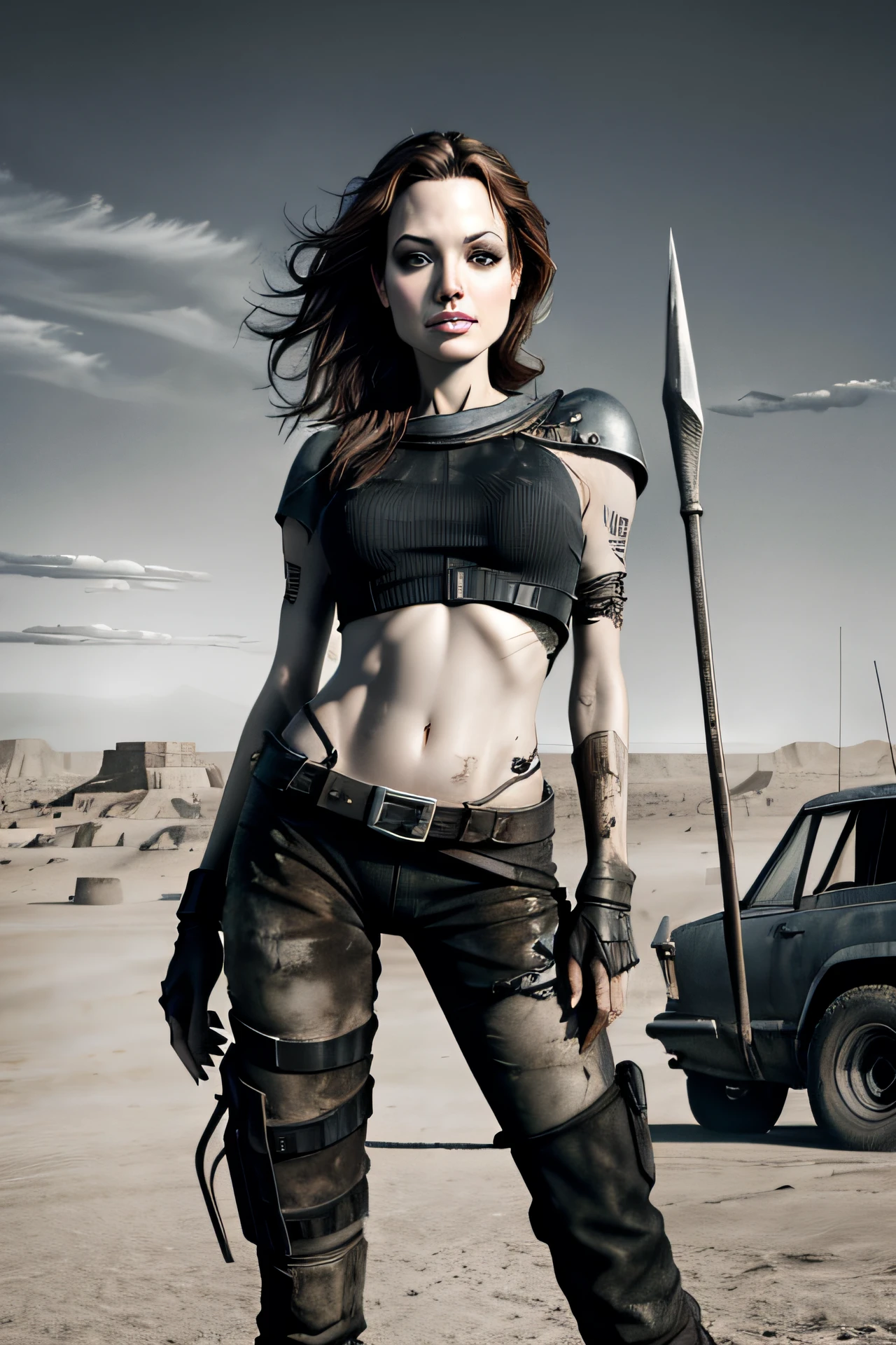 Angelina Jolie | 30 anos | Corpo inteiro | standing | Segurando uma espada | Preto e branco | poses de ataque | Cabelos pretos | mad max suit | Post-apocalyptic desert | Ruinas | highes definition | ALTOS DETALHES | strong lineart | TRAJES FUTURISTA | Max Resolution | Arte vetorial