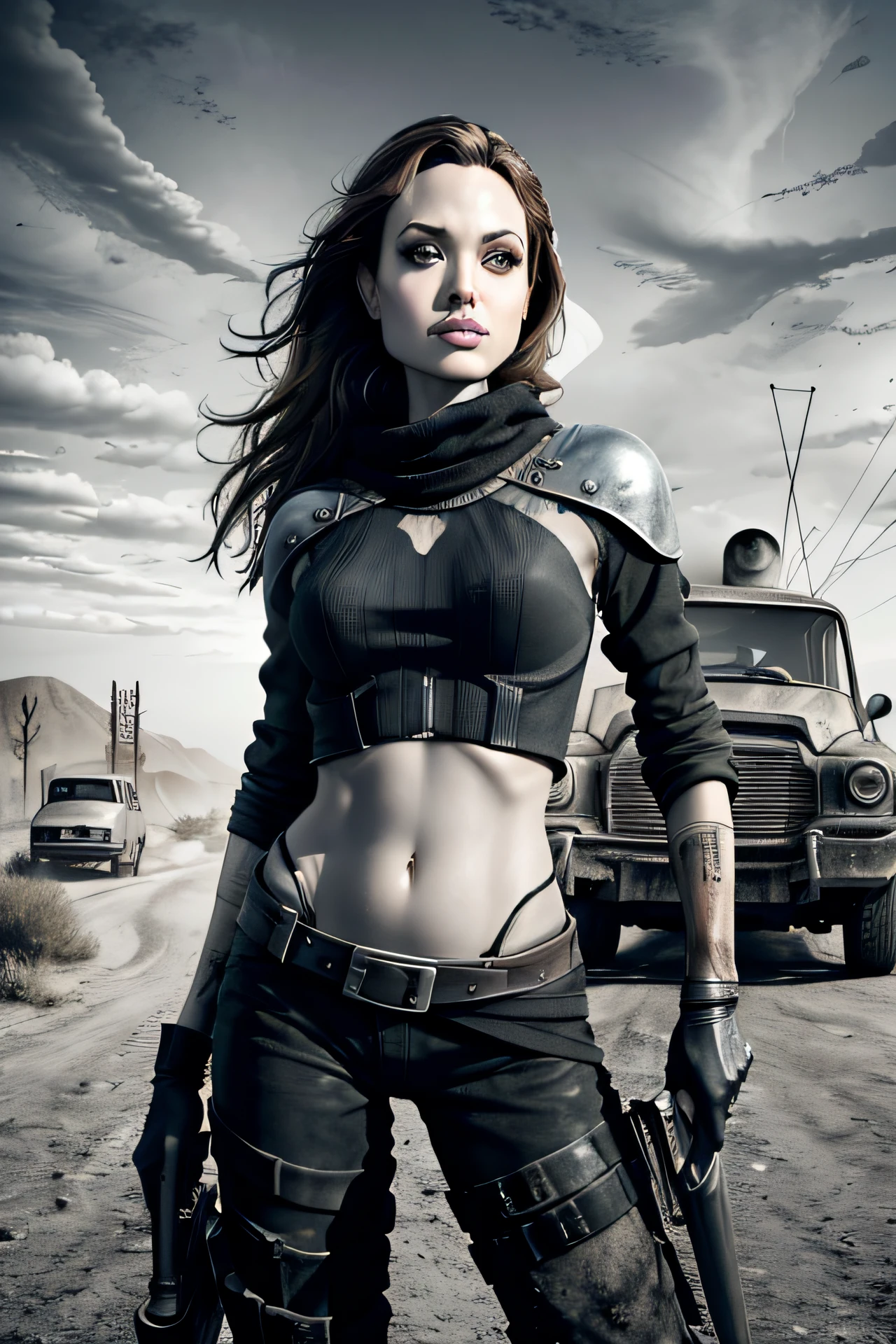 Angelina Jolie | 30 anos | Corpo inteiro | standing | Segurando uma espada | Preto e branco | poses de ataque | Cabelos pretos | mad max suit | Post-apocalyptic desert | Ruinas | highes definition | ALTOS DETALHES | strong lineart | TRAJES FUTURISTA | Max Resolution | Arte vetorial