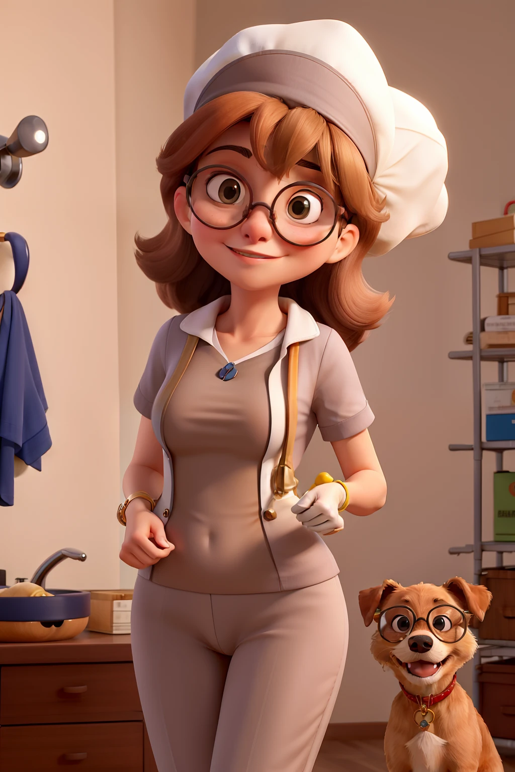 Mulher de cabelos pretos, wearing a surgical cap, mostrando apenas a franja linda, Golden Round Glasses, Surgical Clothing, fazendo cirurgia em cachorro