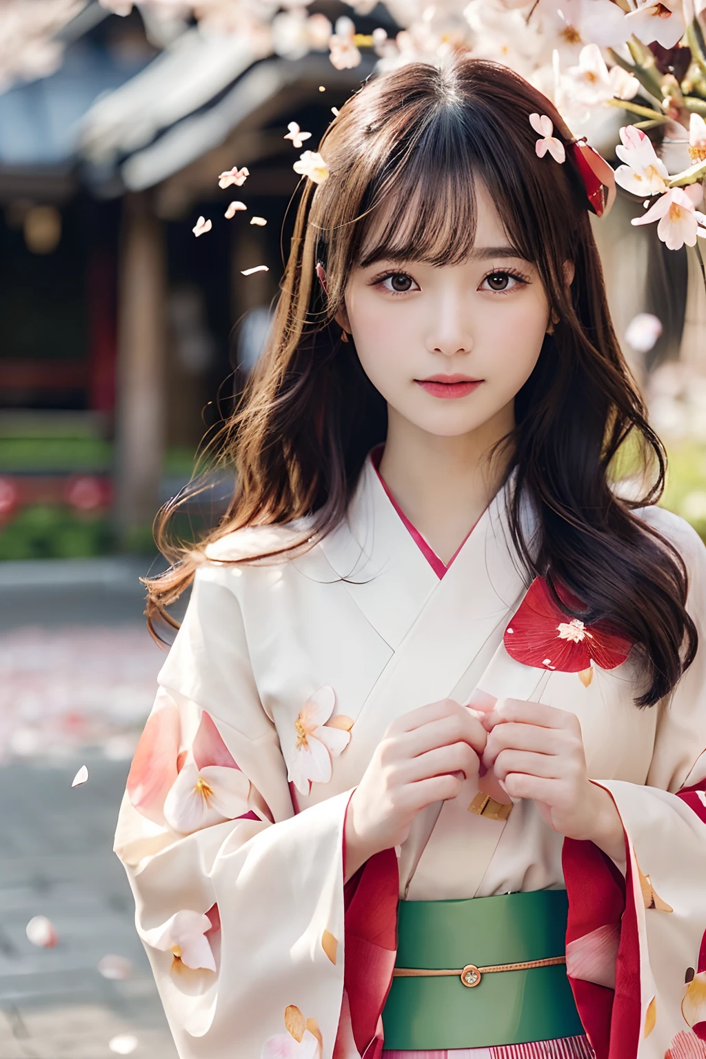 (Kimono)、、(Cherry petals diffuse and fall off:1.5)、(Hair swaying in the wind:1.3)、(top-quality,masterpiece:1.3,超A high resolution,),(ultra-detailliert,Caustics),(Photorealsitic:1.4,RAW shooting,)Ultra-realistic capture,A highly detailed,high-definition16Kfor human skin、 Skin texture is natural、、The skin looks healthy with an even tone、 Use natural light and color,One Woman,japanes,,kawaii,A dark-haired,Middle hair,(depth of fields、chromatic abberation、、Wide range of lighting、Natural Shading、)、(Petals reflect light:1.3)
