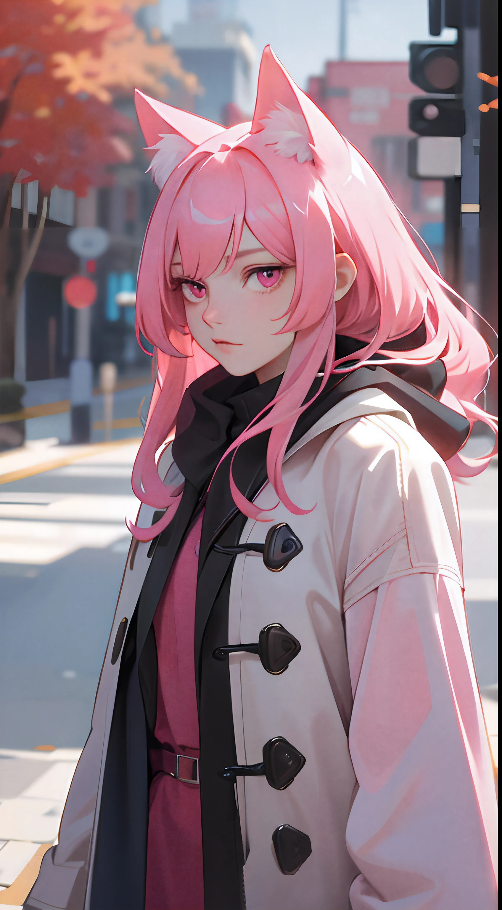 a handsome female,delicate facial features,long pink hair,pink cat ears,pink eyes,overcoat,Autumn in the background,K HD,higly detailed,hiquality,Good atmosphere,Delicatessen,CG рендеринг,Detailed rendering,(Subtle facial image)(Image of fine hair)(topquality)(Masterpieces of masters)(High degree of completeness)(A sense of atmosphere)