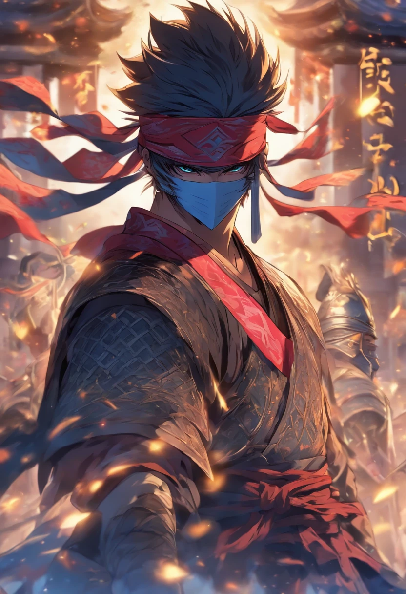 Mytical Knight, supernatural Power, Tower of Destiny, Moonlight blade game, A Chinese Man, high Cultivation, wearing bandana as blindfolded, Charismatic