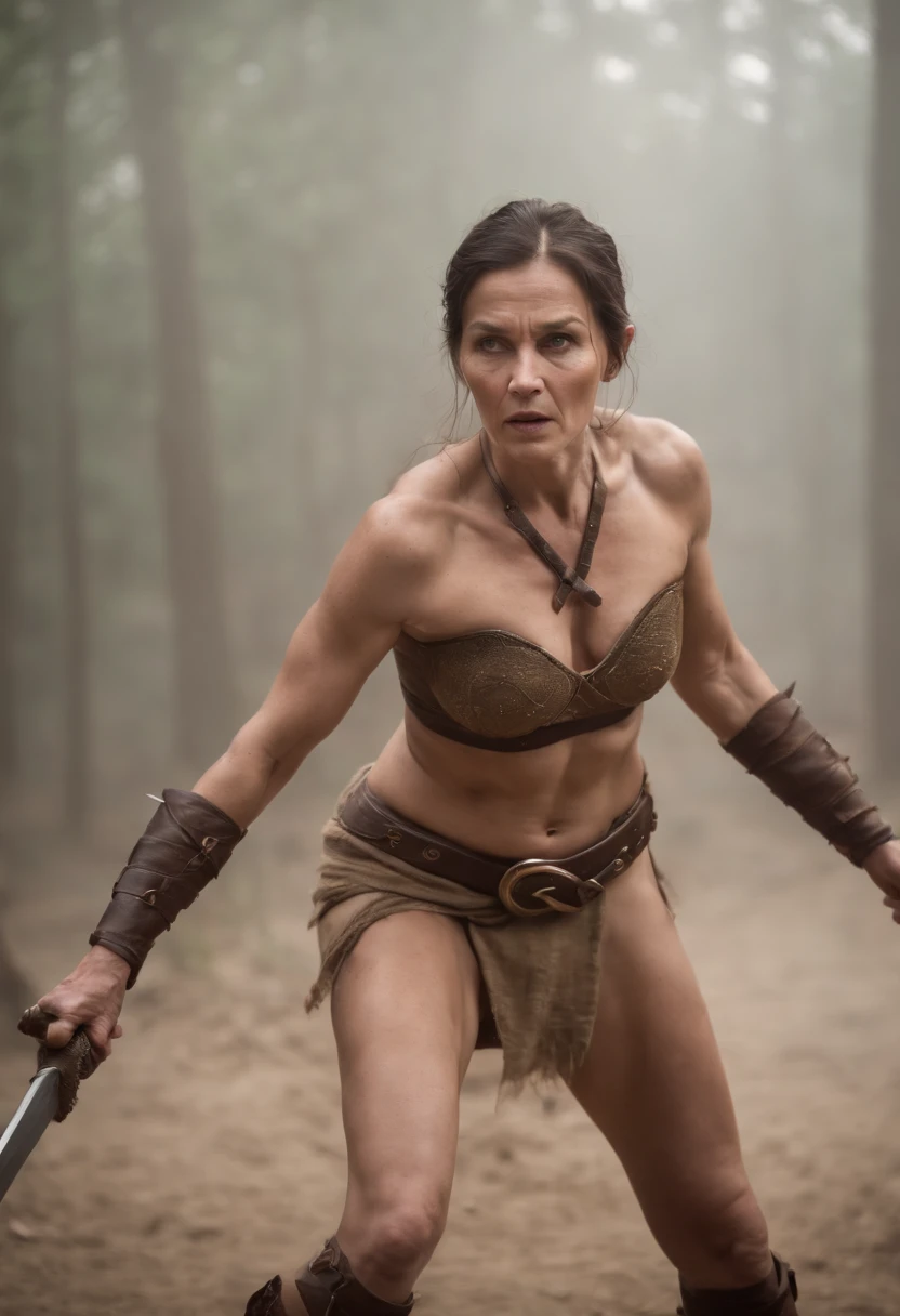 An old female warrior wearing only a loincloth fighting a monster
