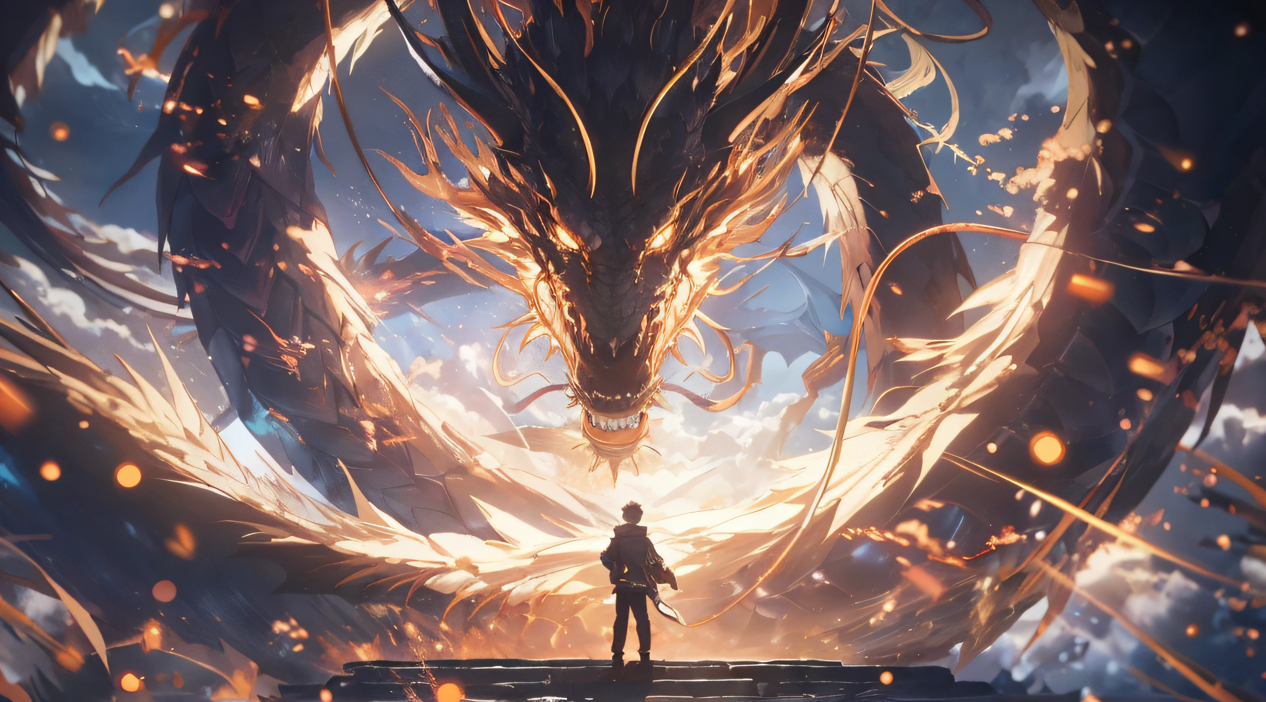 a man standing on a platform looking at a dragon in a dark room, anime epic artwork, anime fantasy illustration, man with the soul of a dragon, epic fantasy digital art style, anime art wallpaper 4k, anime art wallpaper 4 k, anime fantasy artwork, 4 k manga wallpaper, 4k anime wallpaper, god of dragons, detailed digital anime art
