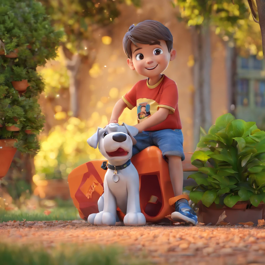Lucas is a smiling 5-year-old human boy, com seu fiel amigo, Bolt, o cachorro schnauzer, deitados no jardim