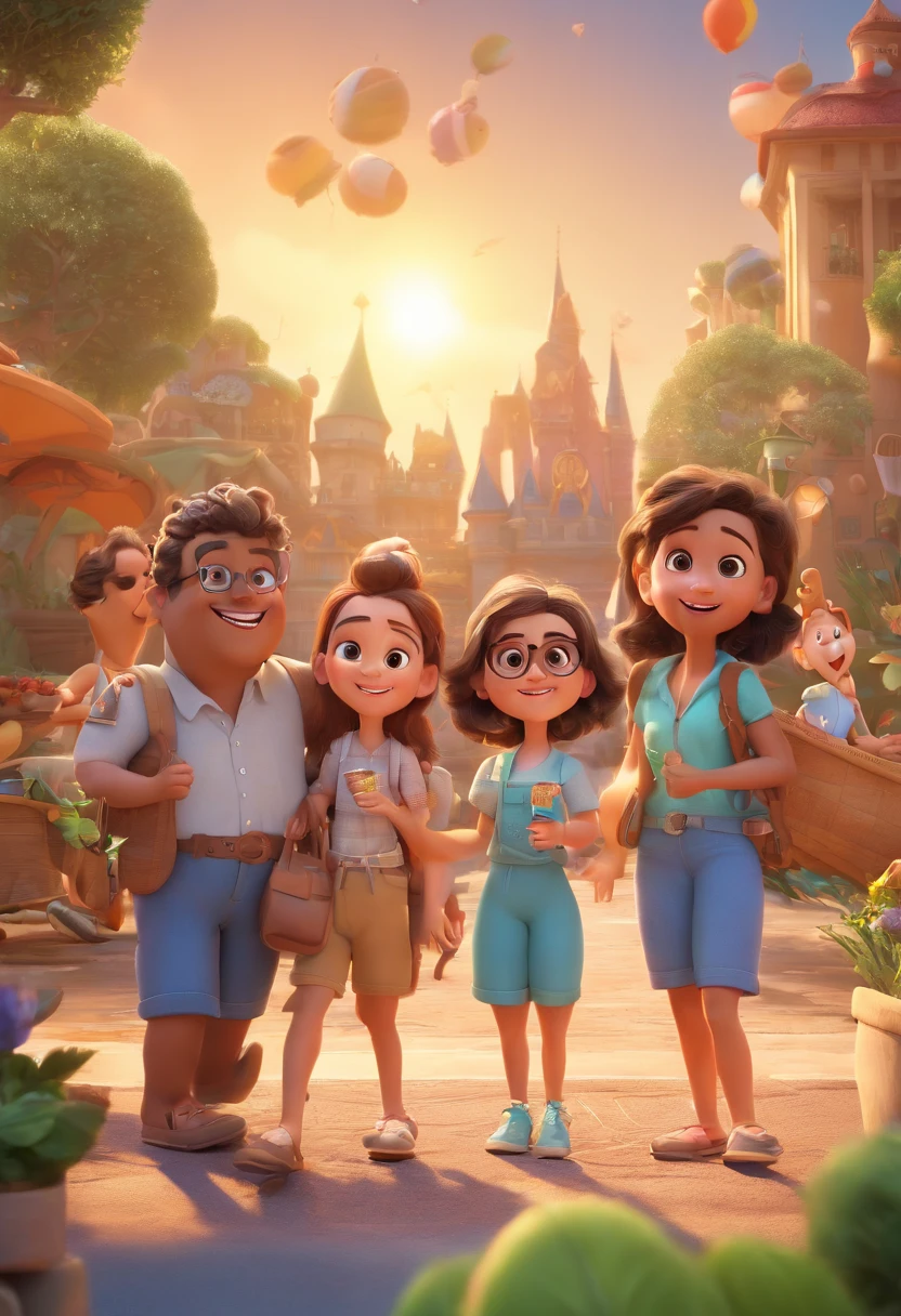 Cartoon of friends having fun on vacation together, 3D Animation Movie Poster, Poster de filme animado, pixar 3 d animation style, pixar renderman rendering, maia 8 mil, animated film, Disney Pixar Estilo 3D, amigos felizes saem juntos, all wearing light blue shirts and cream brown long pants, camisa azul clara, cream brown pants, ao ar livre, vacation, Disney Pixar Animation Poster