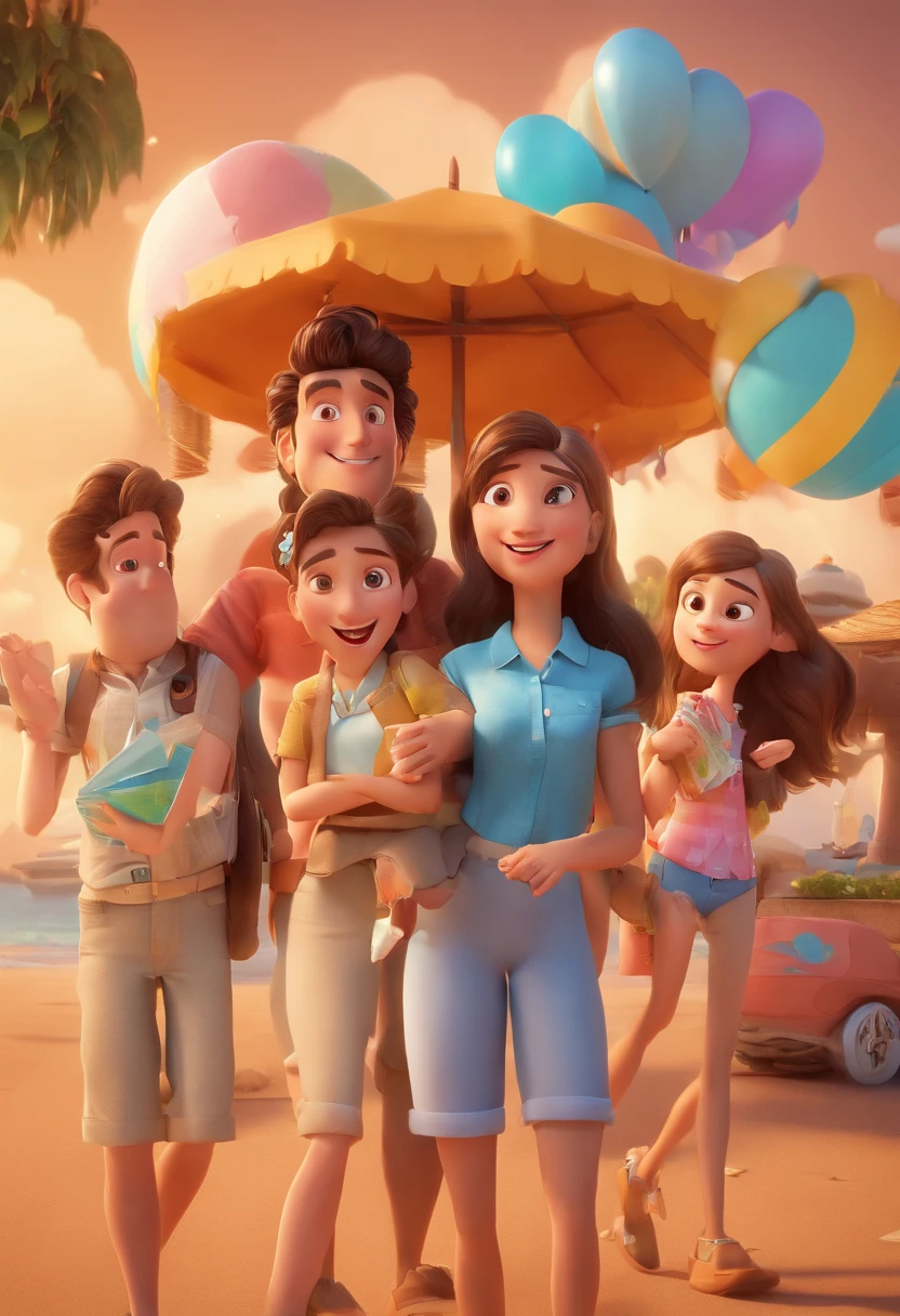 Cartoon of friends having fun on vacation together,  3D Animation Movie Poster, Poster de filme animado, pixar 3 d animation style, pixar renderman rendering, maia 8 mil, animated film, Disney Pixar Estilo 3D, amigos felizes saem juntos, all wearing light blue shirts and cream brown long pants, camisa azul clara, cream brown pants, ao ar livre, vacation, Disney Pixar Animation Poster