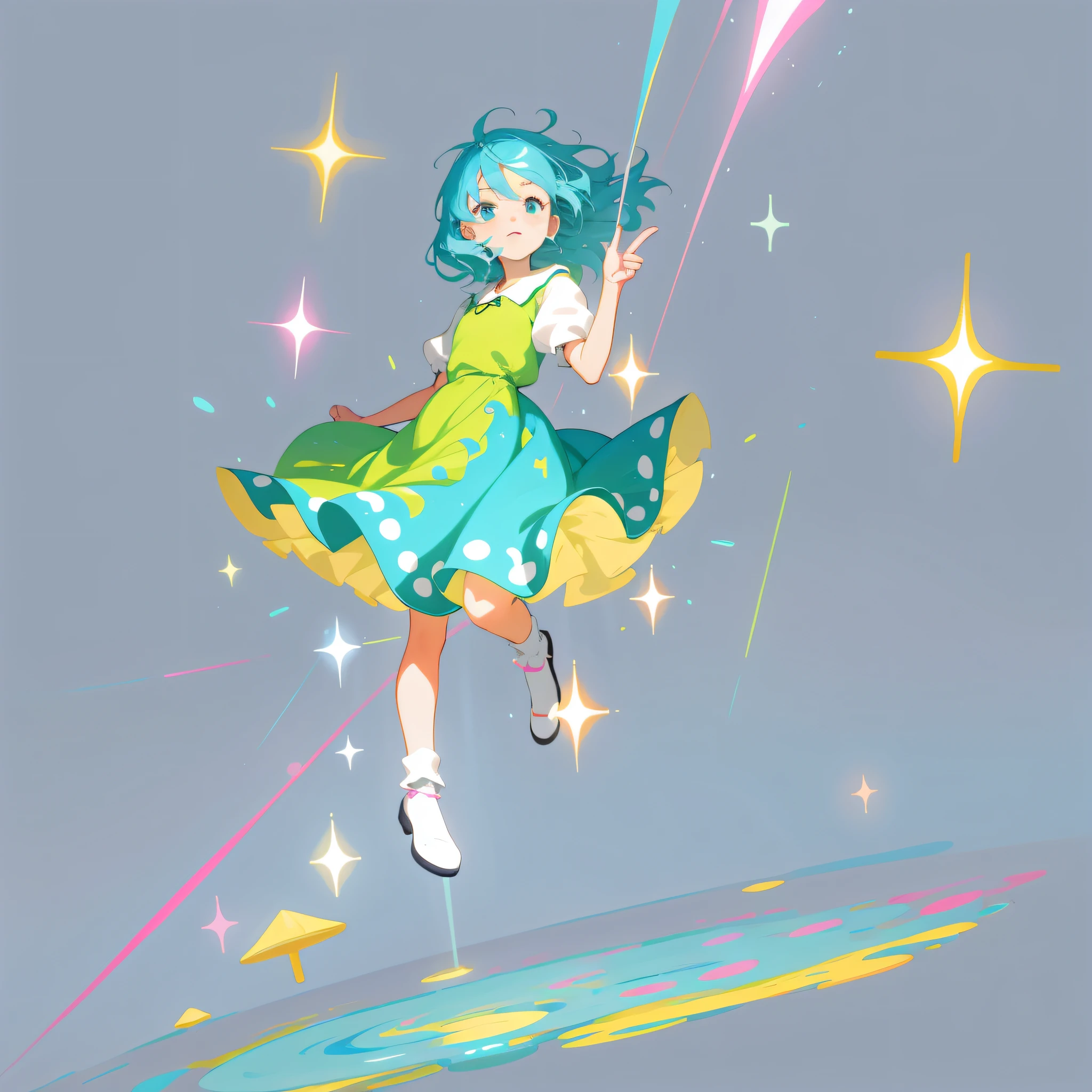 Anime girl in cyan-pink dress and water element, painttoolsai!! Blue, Os amigos, in dress, touhou character, painttool sai, Anime moe art style, cute anime waifu in a nice dress, she is floating in the air, made in paint tool sai2, Whole body diagram, Sparkle, Cinematic lighting, Motion blur, Best quality