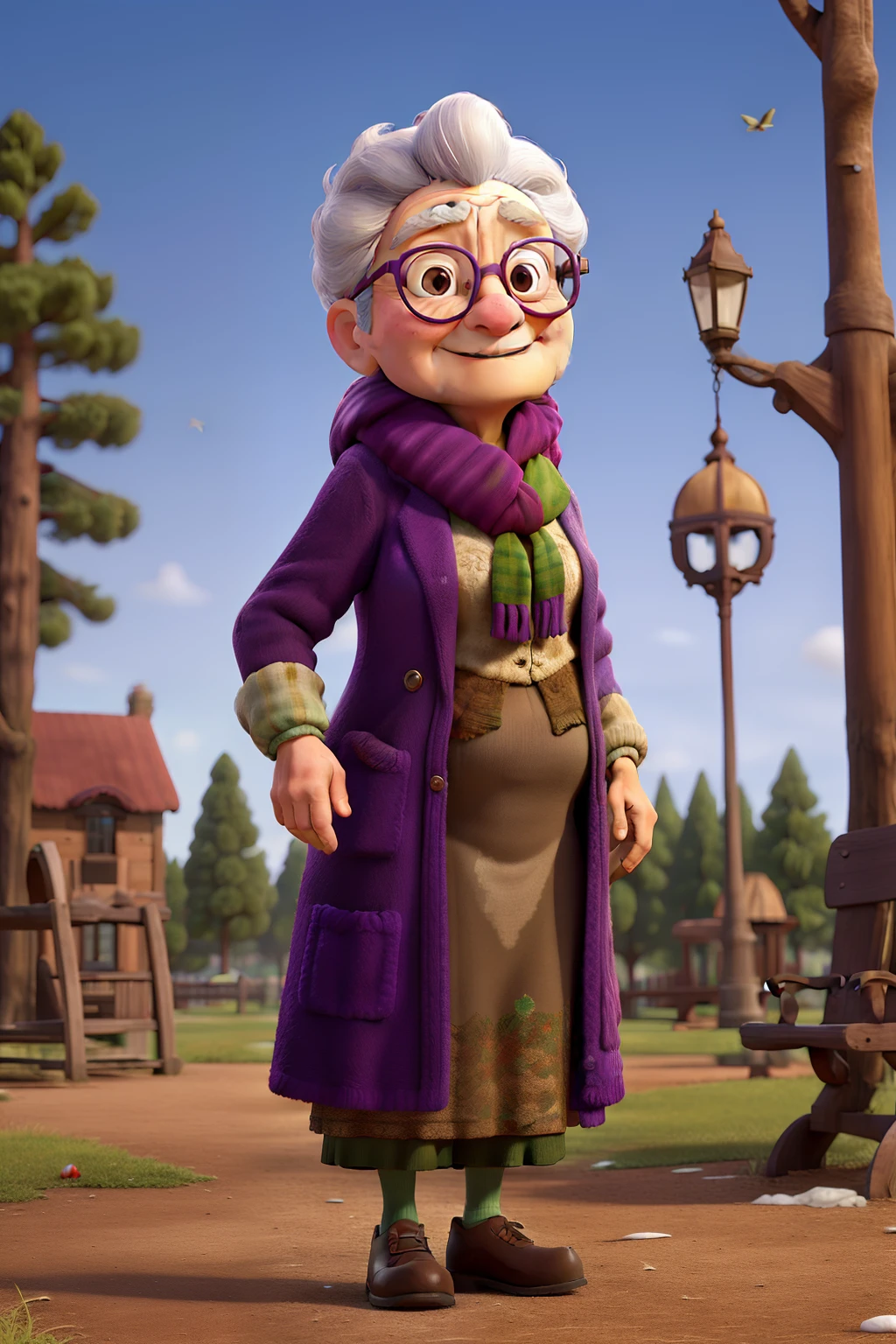 masterpiece, best quality, an old woman with glasses and a scarf on, wearing a purple coat and green scarf, standing at the park