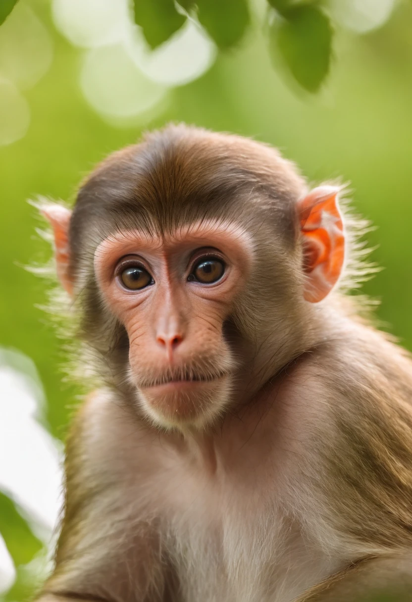 cute Macaquin,reflection effect,daylight,reflection effect:1.1,vivid colors,sharp focus,bokeh,ultra-detailed,detailed fur,expressive eyes,playful expression,green environment,fruits hanging from trees,playful antics,lively composition,candid moment,embrace of nature,beautiful gradient,soft shadows