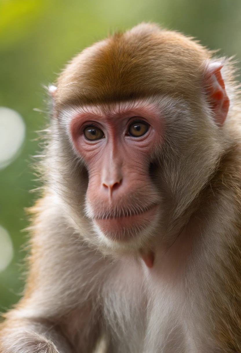 cute Macaquin,reflection effect,daylight,reflection effect:1.1,vivid colors,sharp focus,bokeh,ultra-detailed,detailed fur,expressive eyes,playful expression,green environment,fruits hanging from trees,playful antics,lively composition,candid moment,embrace of nature,beautiful gradient,soft shadows