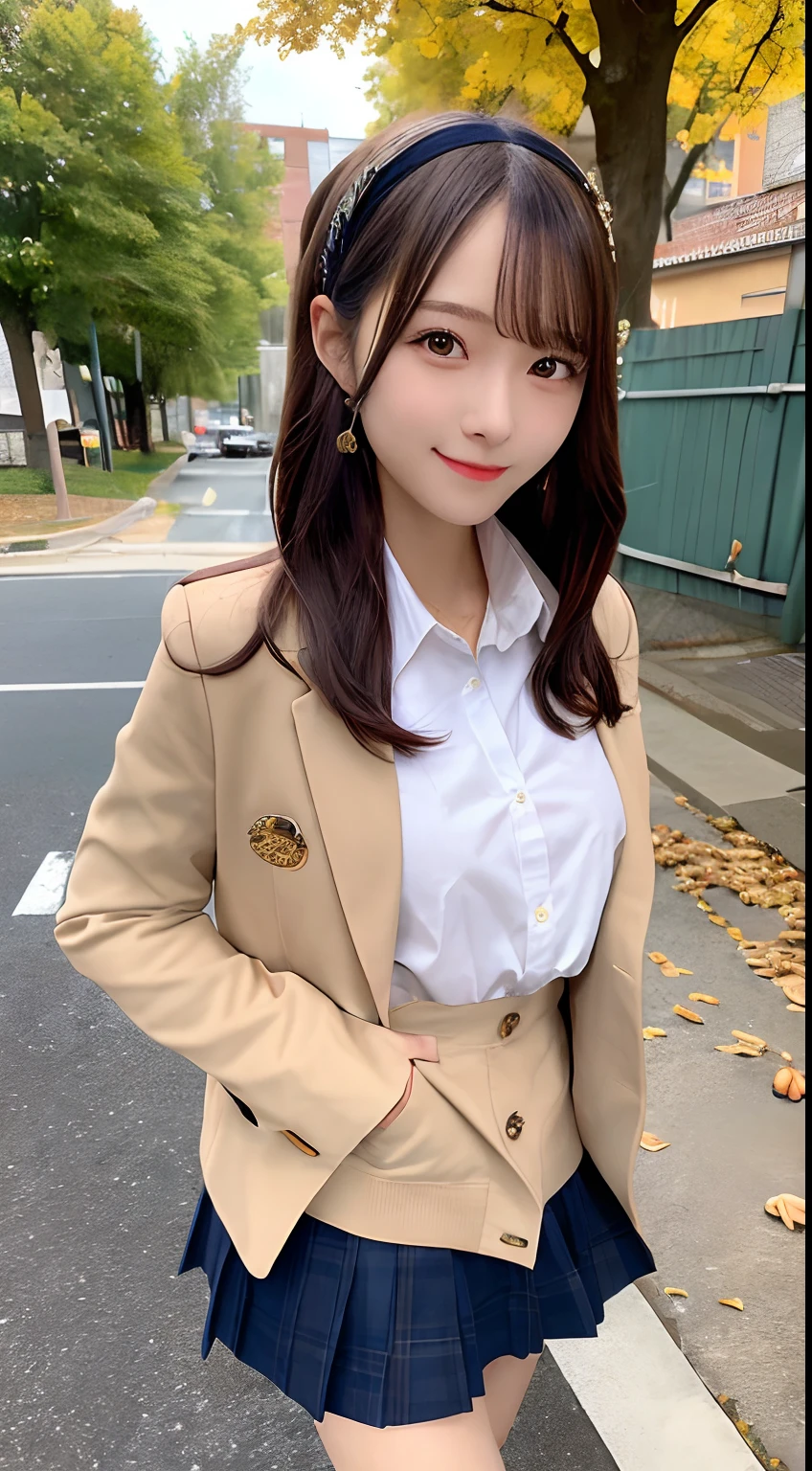 (masterpiece, best quality, ultra high res, 8k, perfect anatomy, extremely detailed),
BREAK
(1girl, cute girl, shiny body, shiny skin, middle breasts), (dark gold hair, long hair, hairband, black eyes),
BREAK
(school uniform, jacket), walking, cowboy shot, smile, autumn leaves