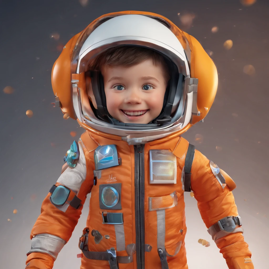Lucas is a smiling 5--old an boy flying spacesuit