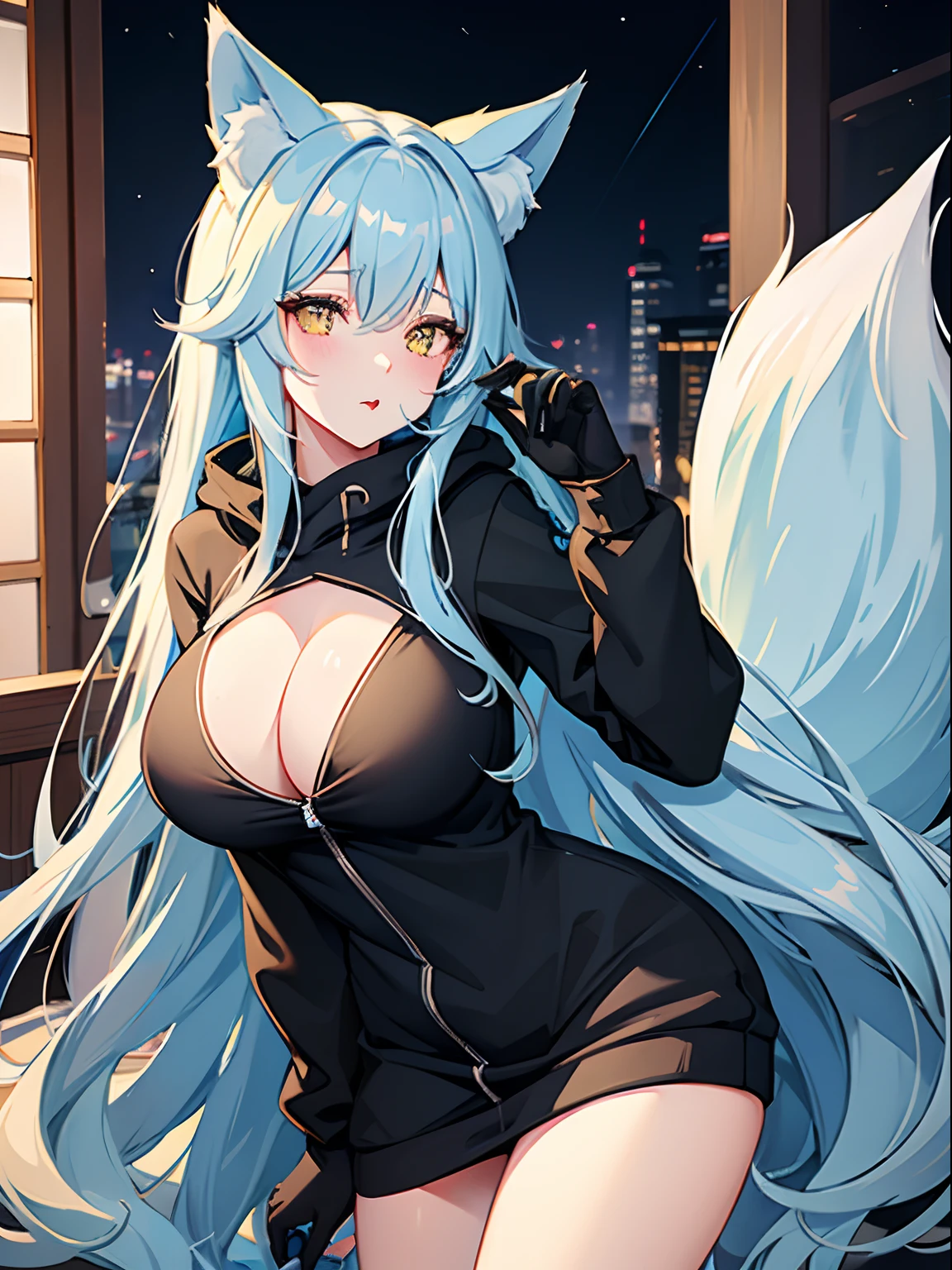 Long Hair, Light Blue Hair, Yellow Eyes, Heart pupils, Fox Ears, 9 Tails, Big Boobs, Wearing Hoodie, Long Stocking, Nighttime, Wearing Black Gloves, Inside a house, licking own lips,  showing nipples