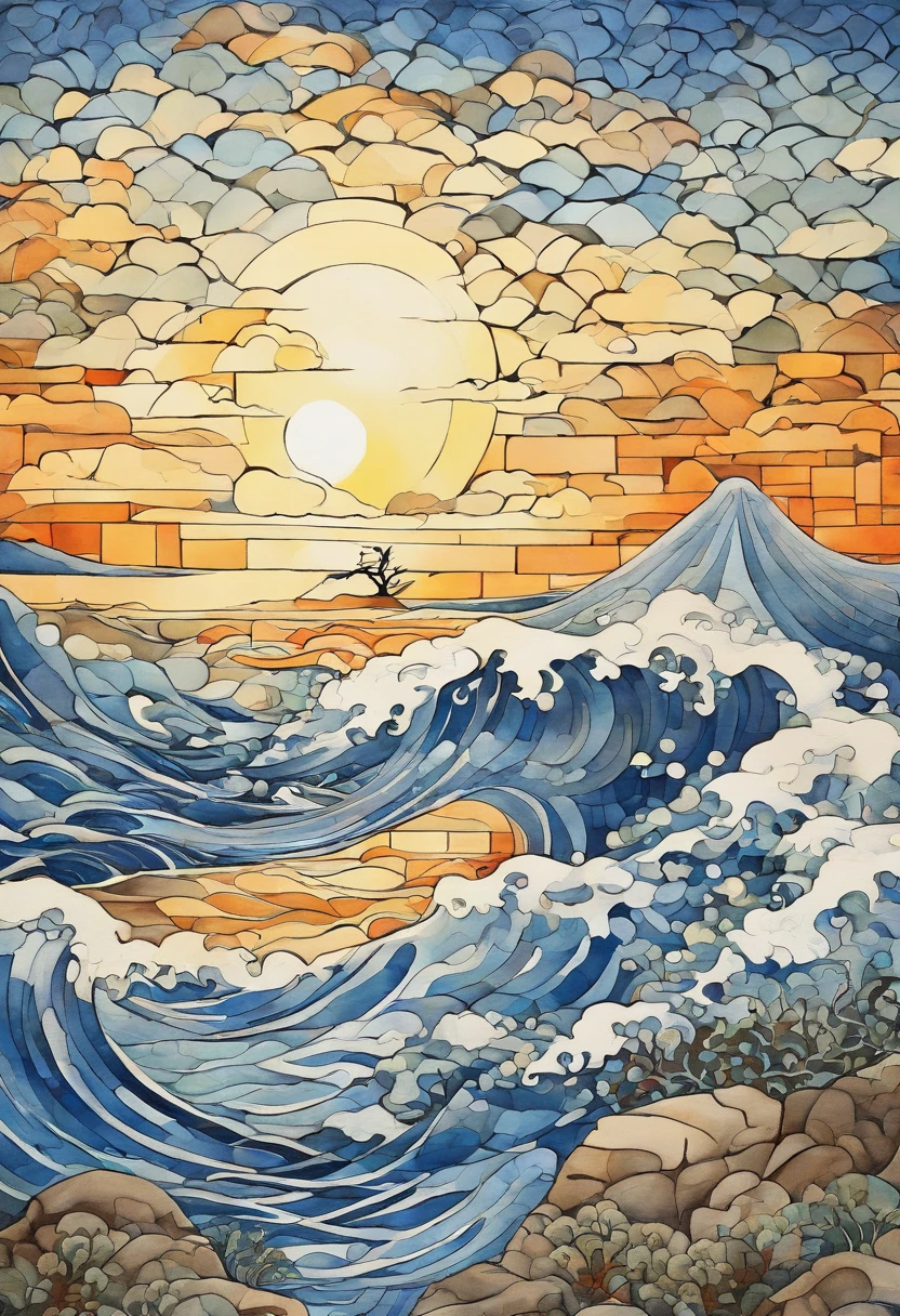 mosaic、hokusai style, style of hokusai, ukiyoe painting,Mosaic is strong、Not visible in mosaic、Pixel art、Artistically、Big wave、in the edo era、jpn