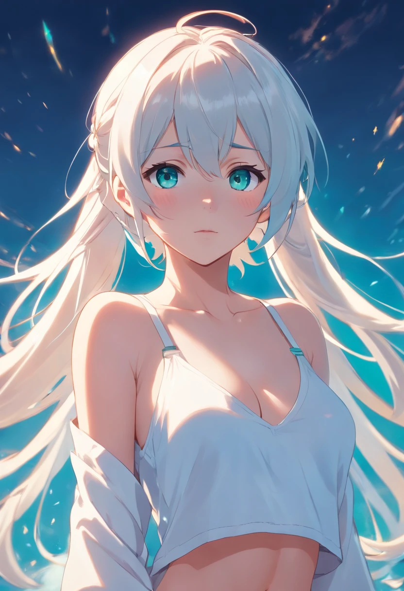 young girl, teal eyes, white clothes, long white hair with pigtails, big chest, naked.