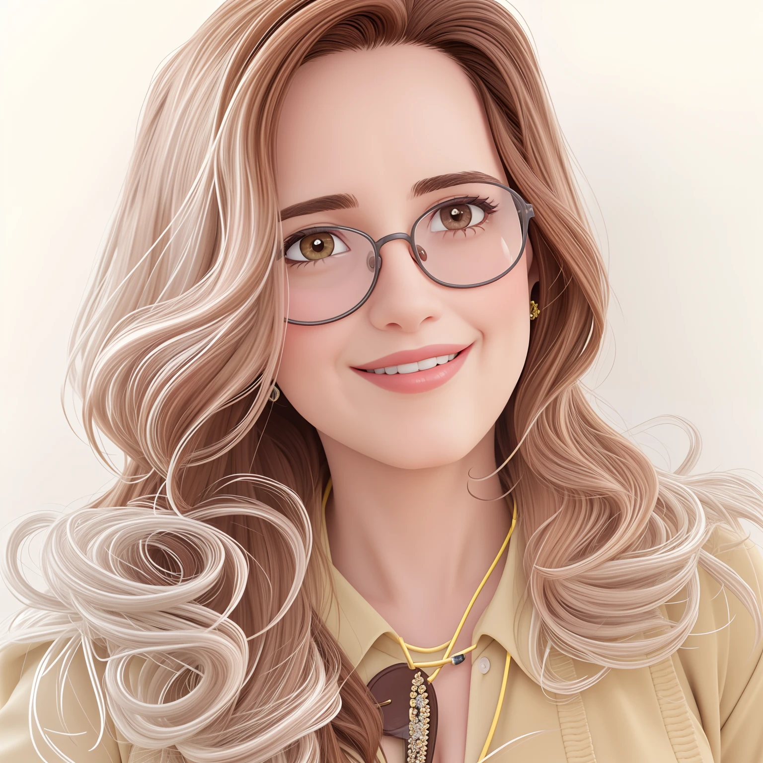 Uma mulher de 56 anos, with medium brown hair, Rosto redondo, sorriso encantador, e olhos castanhos, wearing glasses.