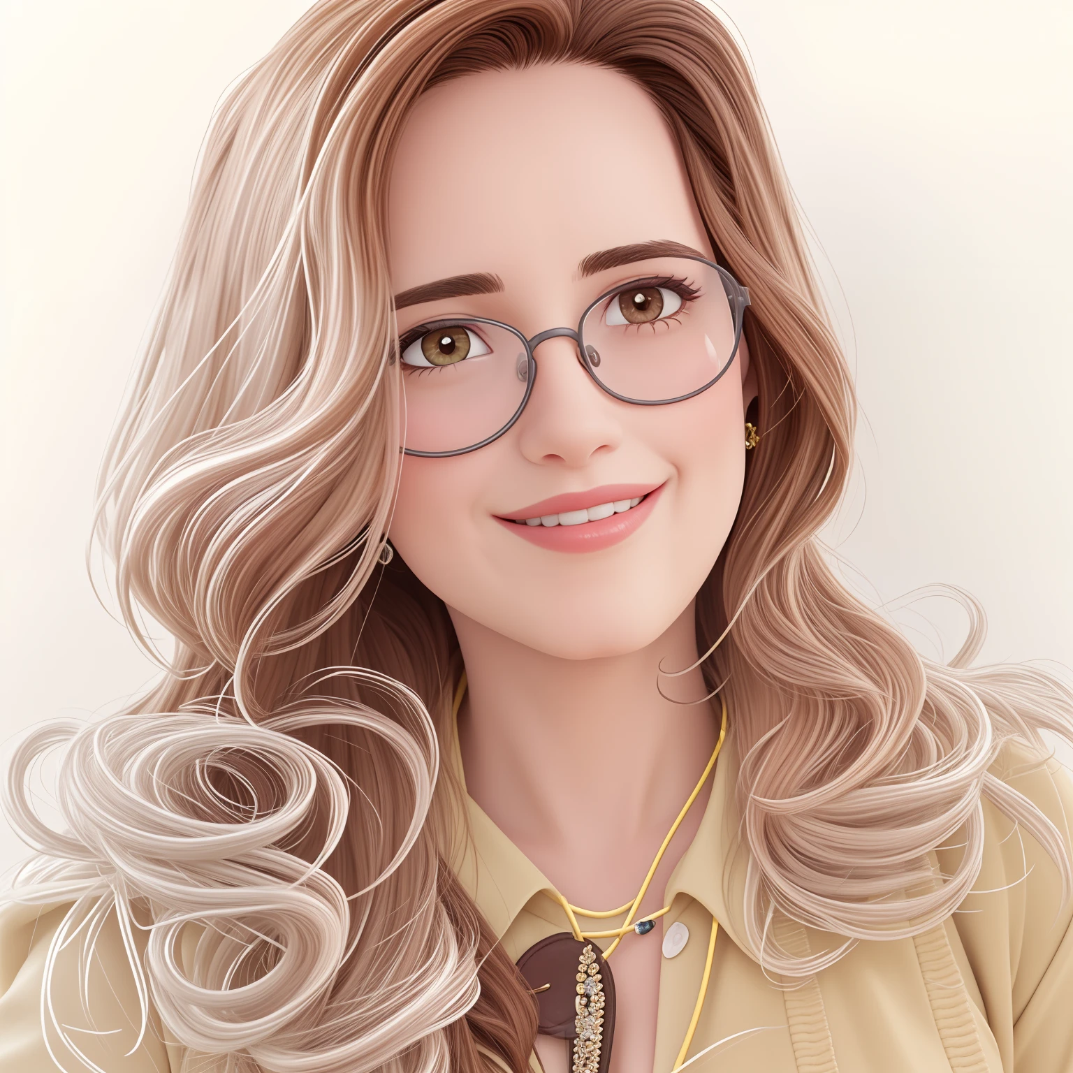 Uma mulher de 56 anos, with medium brown hair, Rosto redondo, sorriso encantador, e olhos castanhos, wearing glasses.
