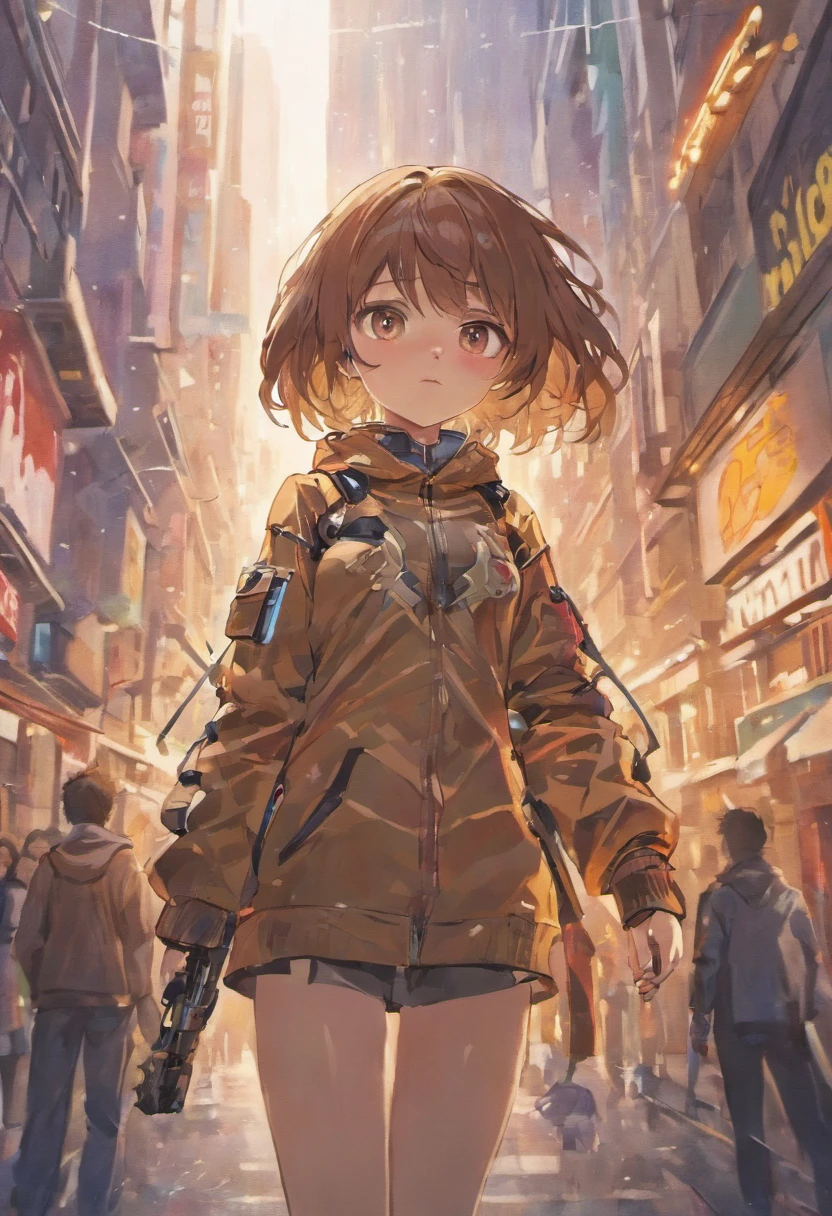 girl with brown hair, Bustling City, (inspired by the Avengers), Armor Suit, Standing (8k, foto RAW, fotorrealista: 1, 25), (muito brilho labial, very many eyelashes, melhor qualidade, ultra high-resolution, profundidade de campo, chromatic aberration, Luz Ampla, Cor Natural, distant images (1:2)