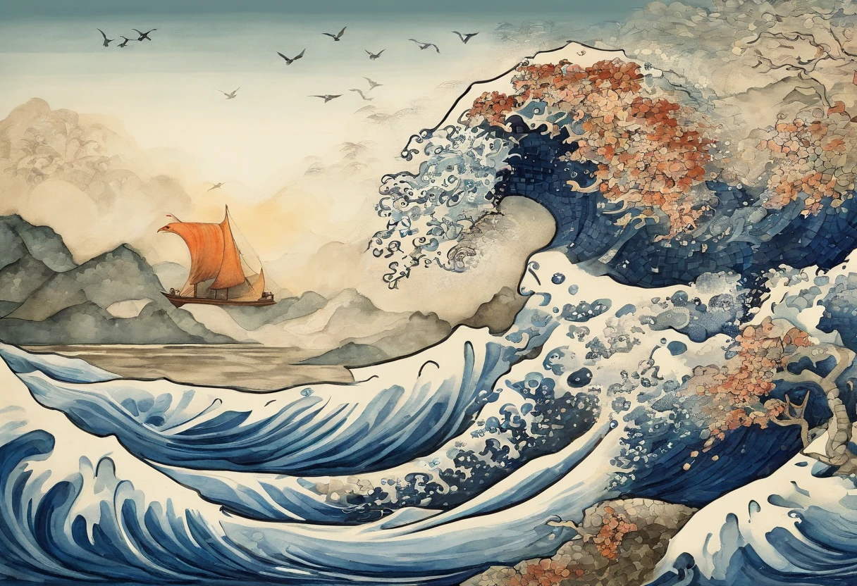 mosaic、hokusai style, style of hokusai, ukiyoe painting,Mosaic is strong、Not visible in mosaic、Pixel art、Artistically、Big wave、in the edo era、jpn