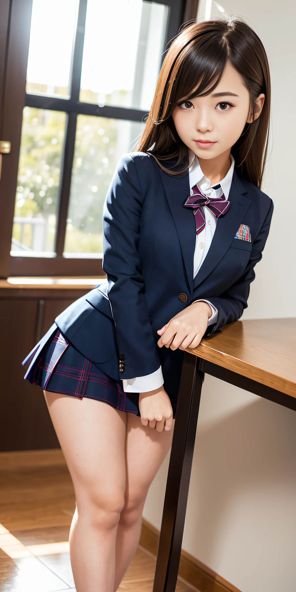 1girl, solo,((best quality)),((masterpiece)), full body, looking_at_viewer, dynamic angle, school uniform, cute, clear facial skin, very sexy, ((intricate details)))