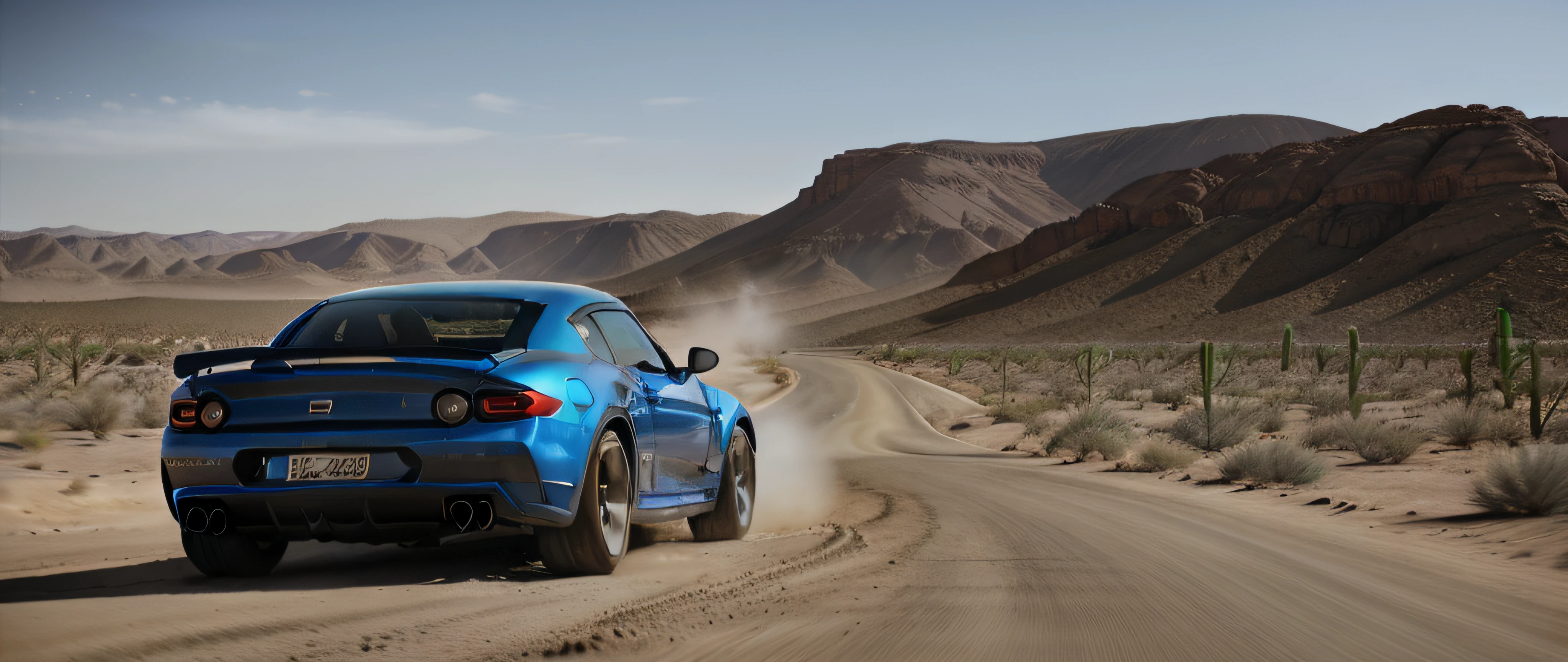 A blue sports car driving on a desert road, Kick up dust, automotive photography, Smoking tires, Desert landscape, automotive photography, environmental shot, Edited, Exercise, car shot, Commercial vehicle photos, Portrait shooting, auto photography, Smoke behind the wheels, Car photos, full view of a sport car, in the desert, advertising photograph.