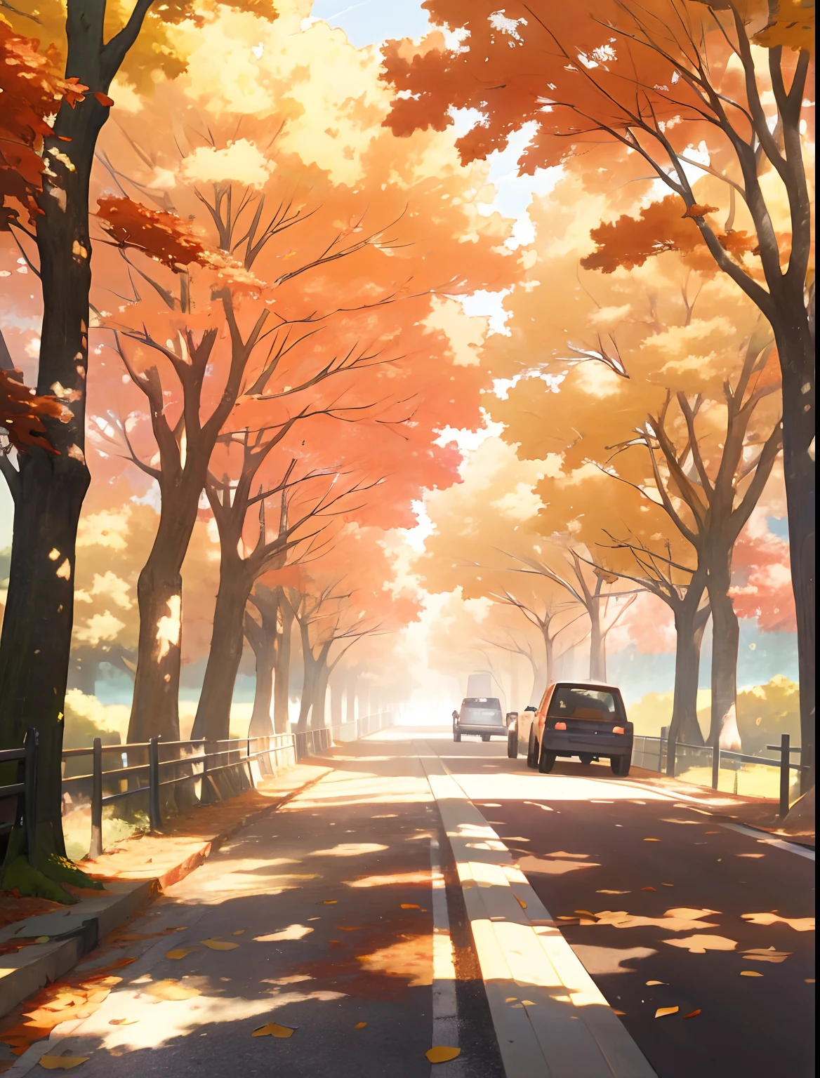 8K，High quality！！Detail enhancement！！Highest image quality！！！Autumn under the plane trees on both sides，Cars drove by, Pick up fallen leaves,beautiful anime scenes, Anime background art, beautiful anime scenery, anime beautiful peace scene, Anime landscapes, Anime landscape concept art, landscape artwork, anime backgrounds, colorful anime movie background, ross tran. scenery background, Detailed scenery —width 672, Anime art wallpaper 4k