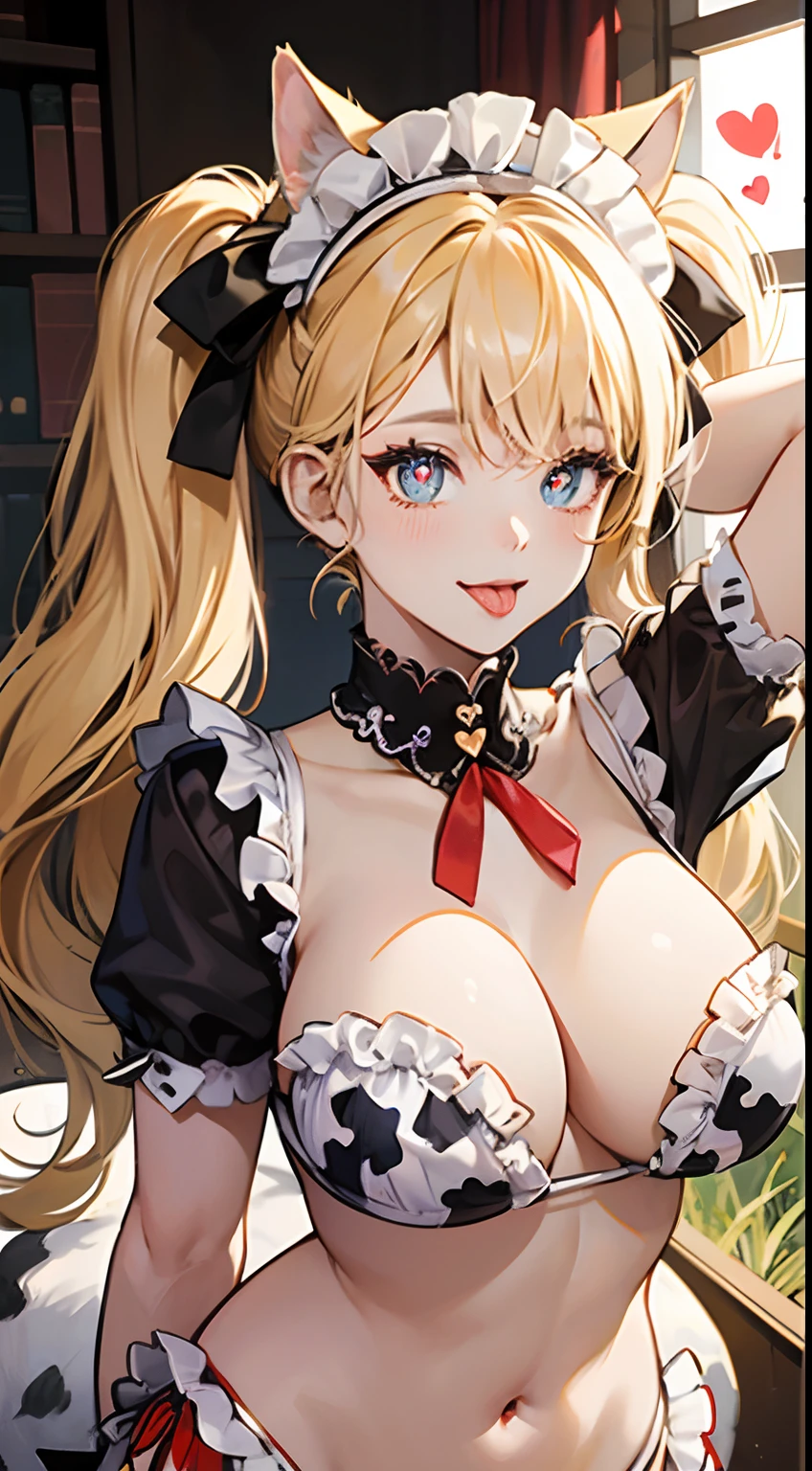 realisitic、top-quality、1girl in, blonde twin tails, Cat's ears、Maid headdress, Tongue out、((Heart shaped pupils)) 、cow print frill bikini、PVC gloves, Big breasts、wariza ,Arms behind your head