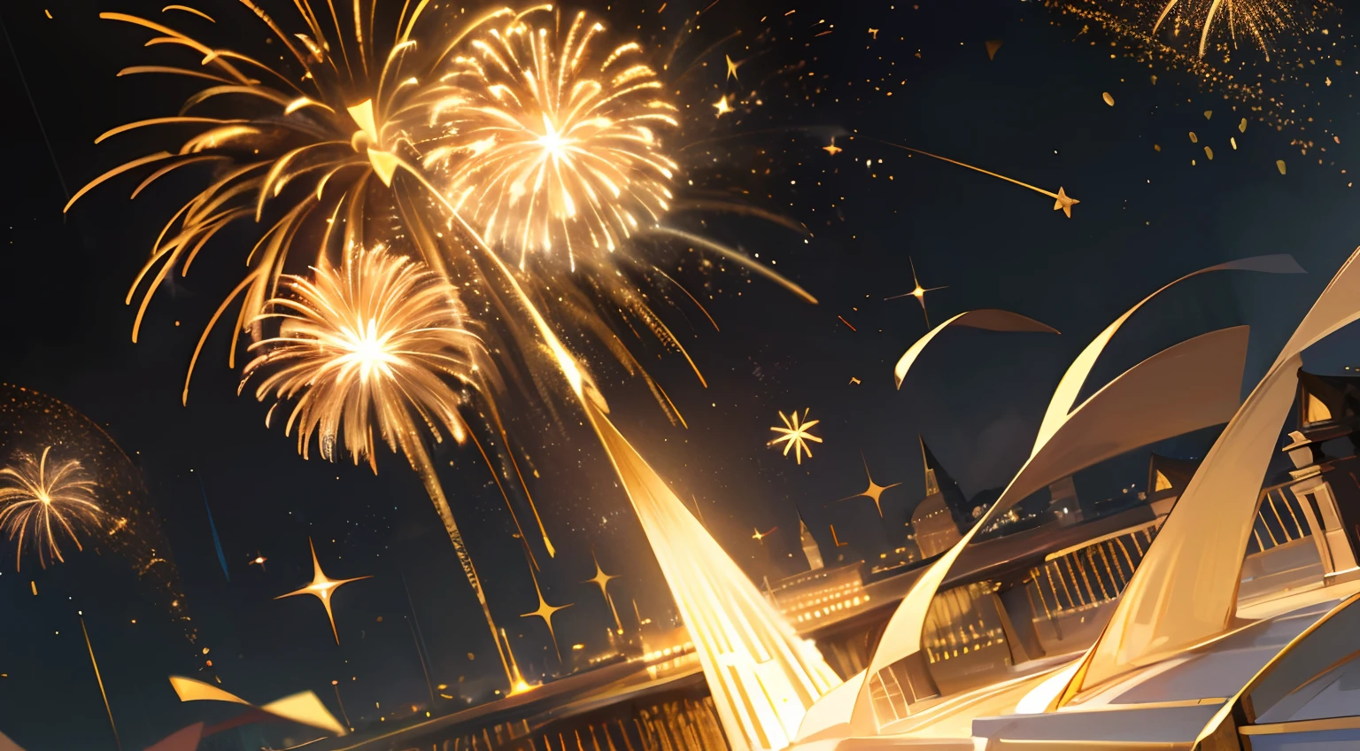 Look into perspective，Black starry sky，Golden fireworks，romantic lighting，Golden glittering glitter and streamers flutter in the sky，glorious lighting，Romantic atmosphere，Gatsby-style prom